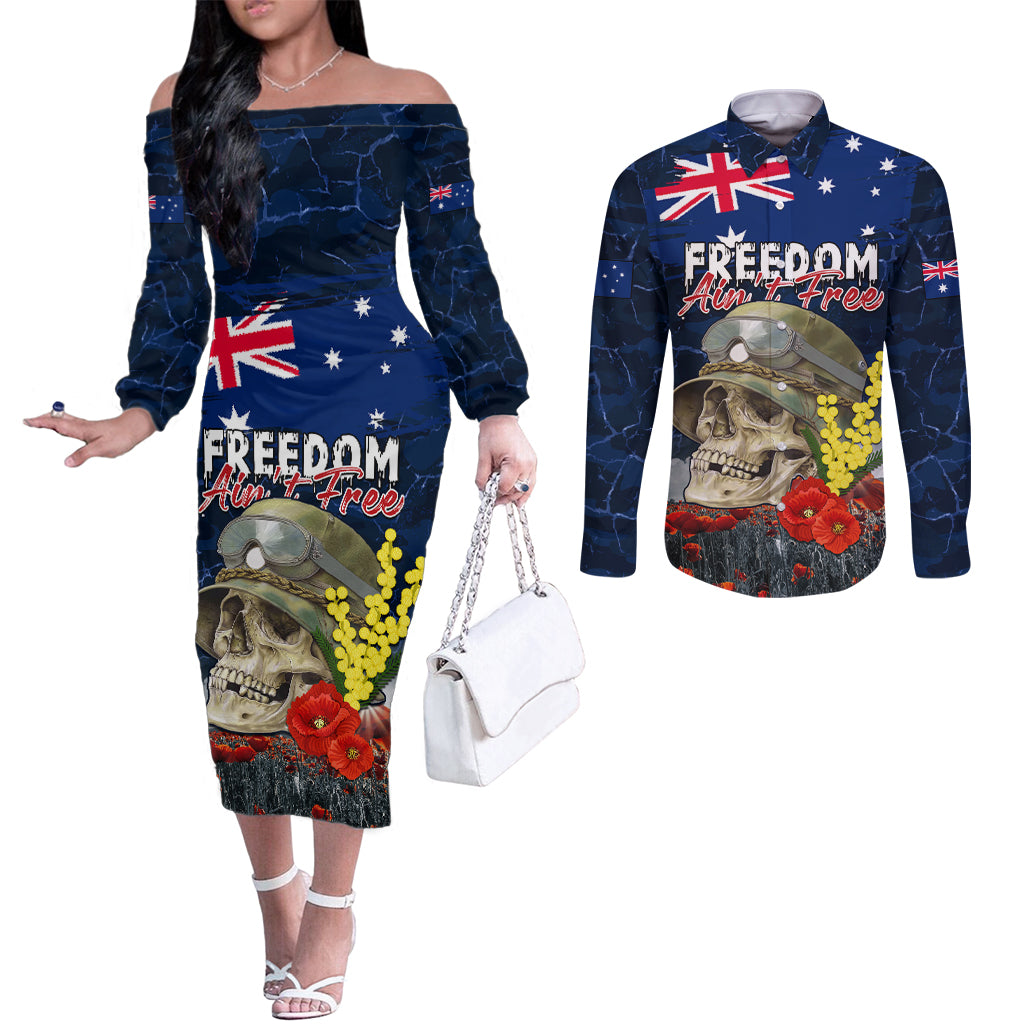Australia ANZAC Day Couples Matching Off The Shoulder Long Sleeve Dress and Long Sleeve Button Shirt Freedom Ain't Free