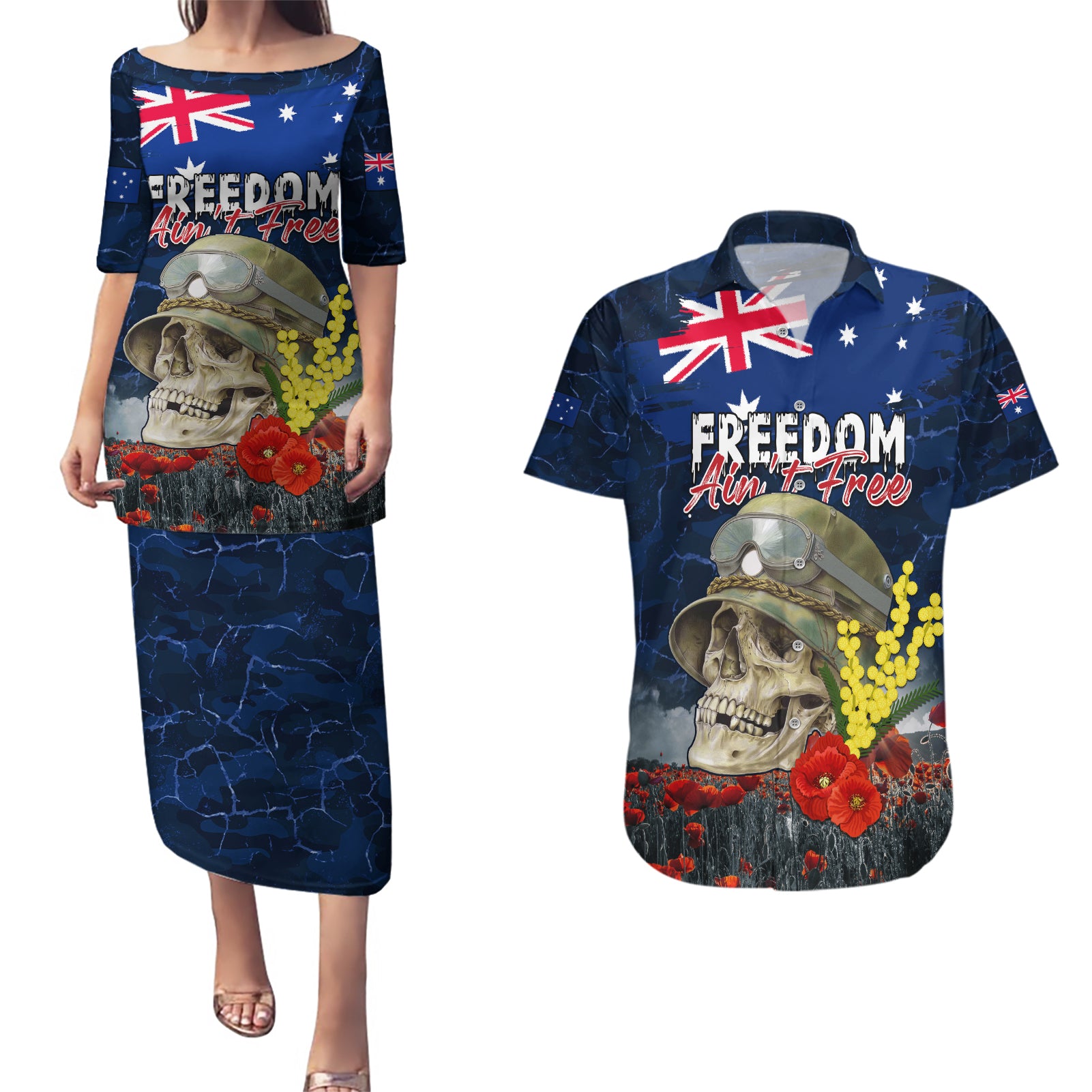 Australia ANZAC Day Couples Matching Puletasi and Hawaiian Shirt Freedom Ain't Free