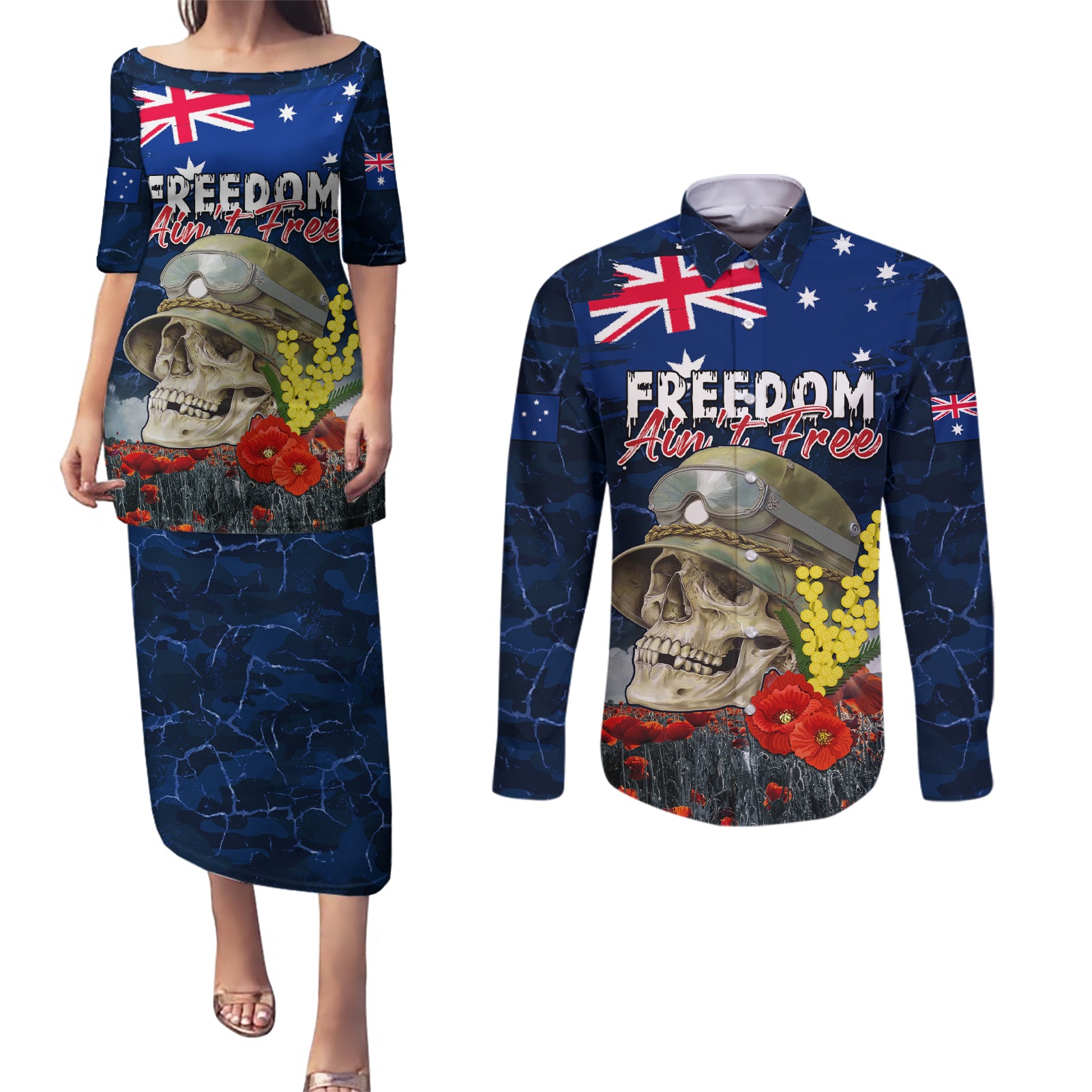 Australia ANZAC Day Couples Matching Puletasi and Long Sleeve Button Shirt Freedom Ain't Free