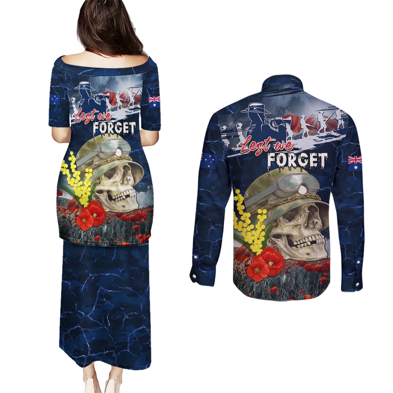 Australia ANZAC Day Couples Matching Puletasi and Long Sleeve Button Shirt Freedom Ain't Free