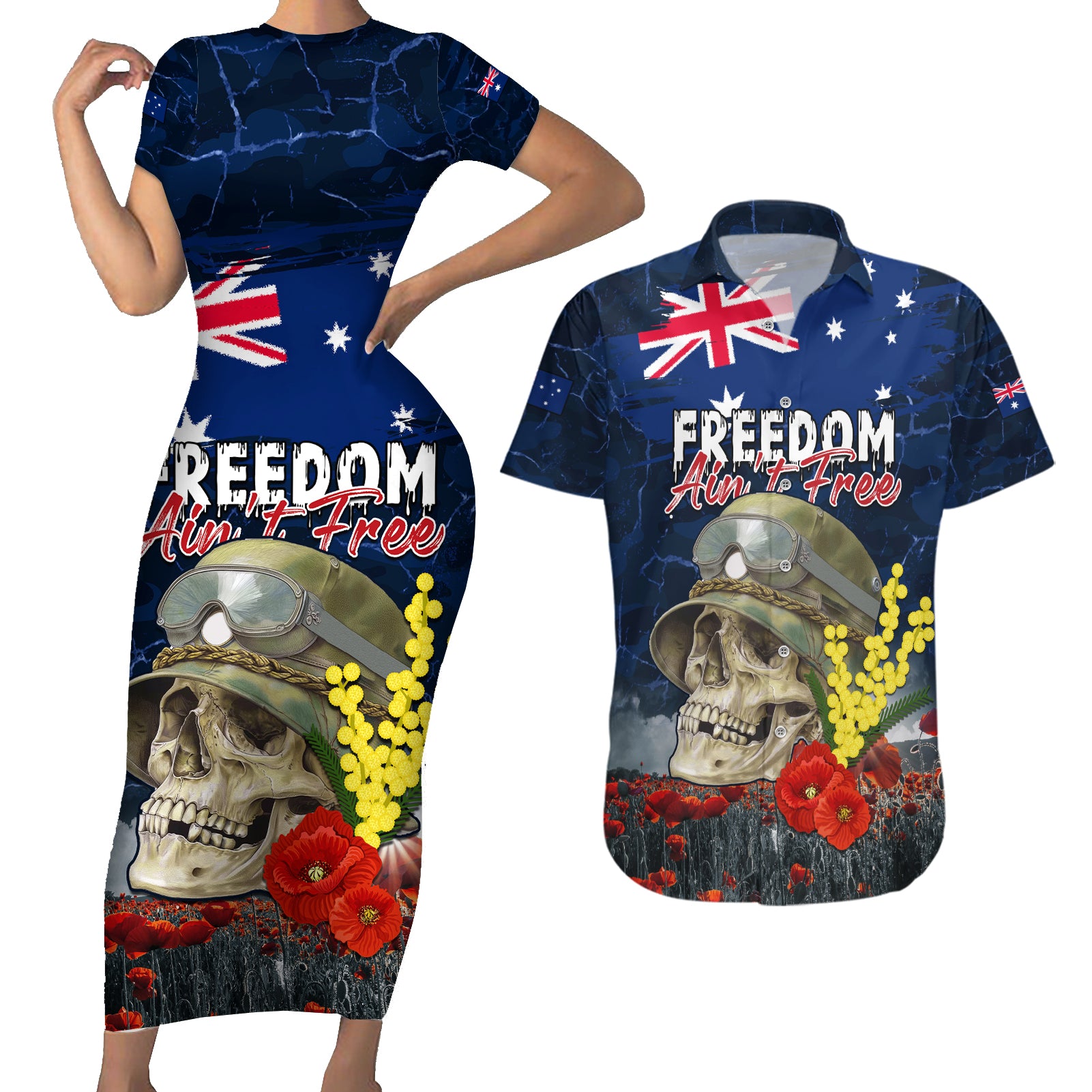 Australia ANZAC Day Couples Matching Short Sleeve Bodycon Dress and Hawaiian Shirt Freedom Ain't Free