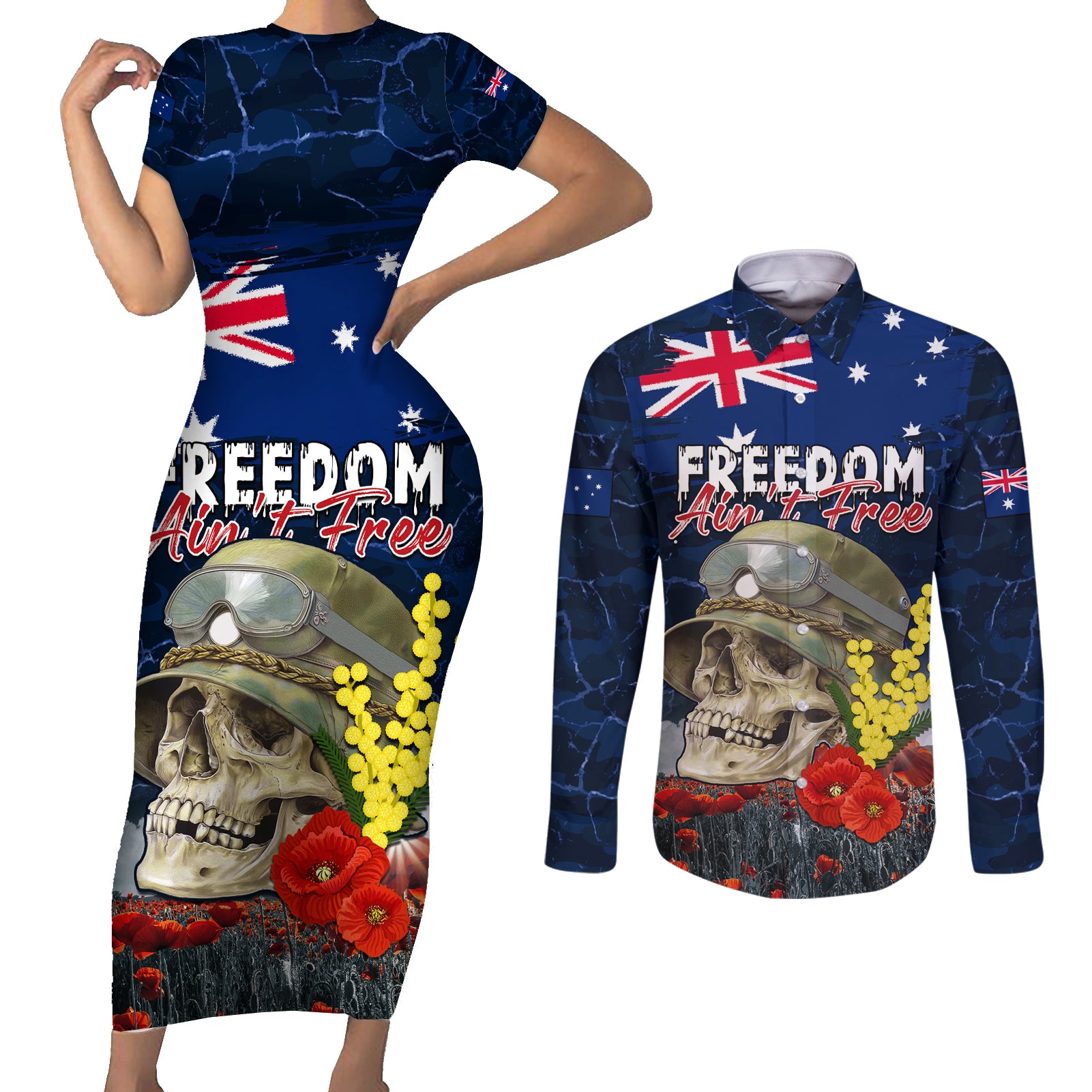 Australia ANZAC Day Couples Matching Short Sleeve Bodycon Dress and Long Sleeve Button Shirt Freedom Ain't Free