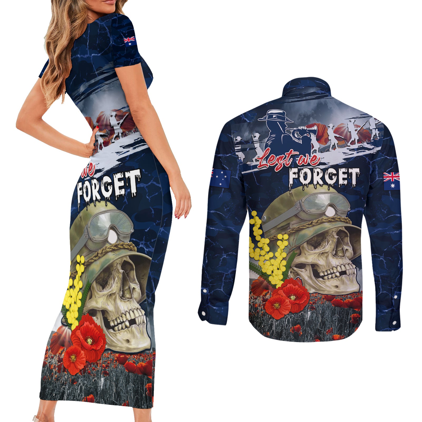 Australia ANZAC Day Couples Matching Short Sleeve Bodycon Dress and Long Sleeve Button Shirt Freedom Ain't Free