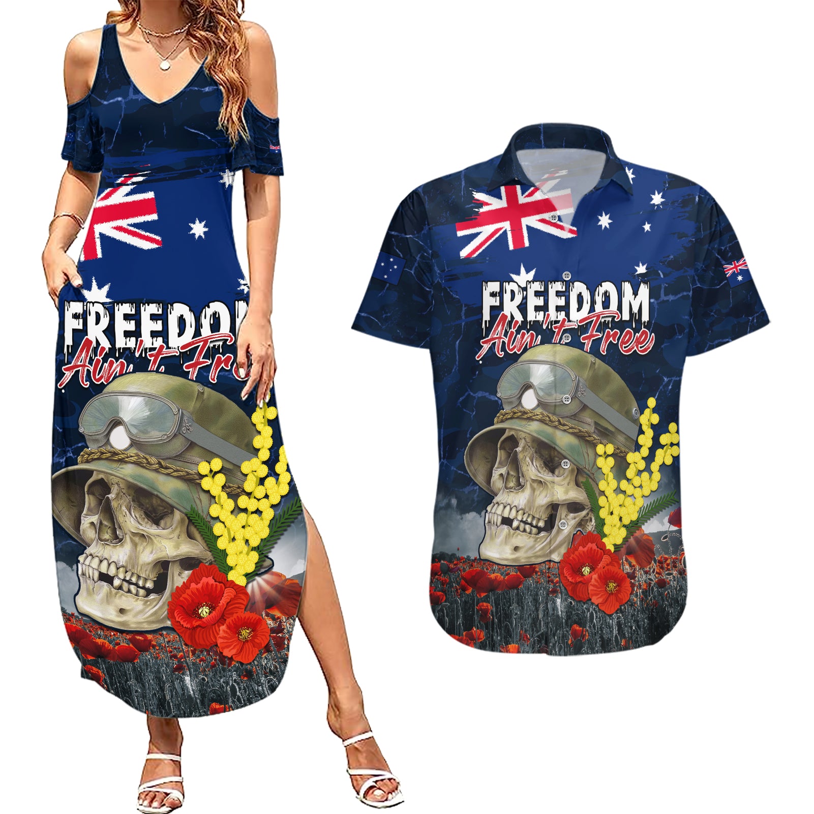 Australia ANZAC Day Couples Matching Summer Maxi Dress and Hawaiian Shirt Freedom Ain't Free