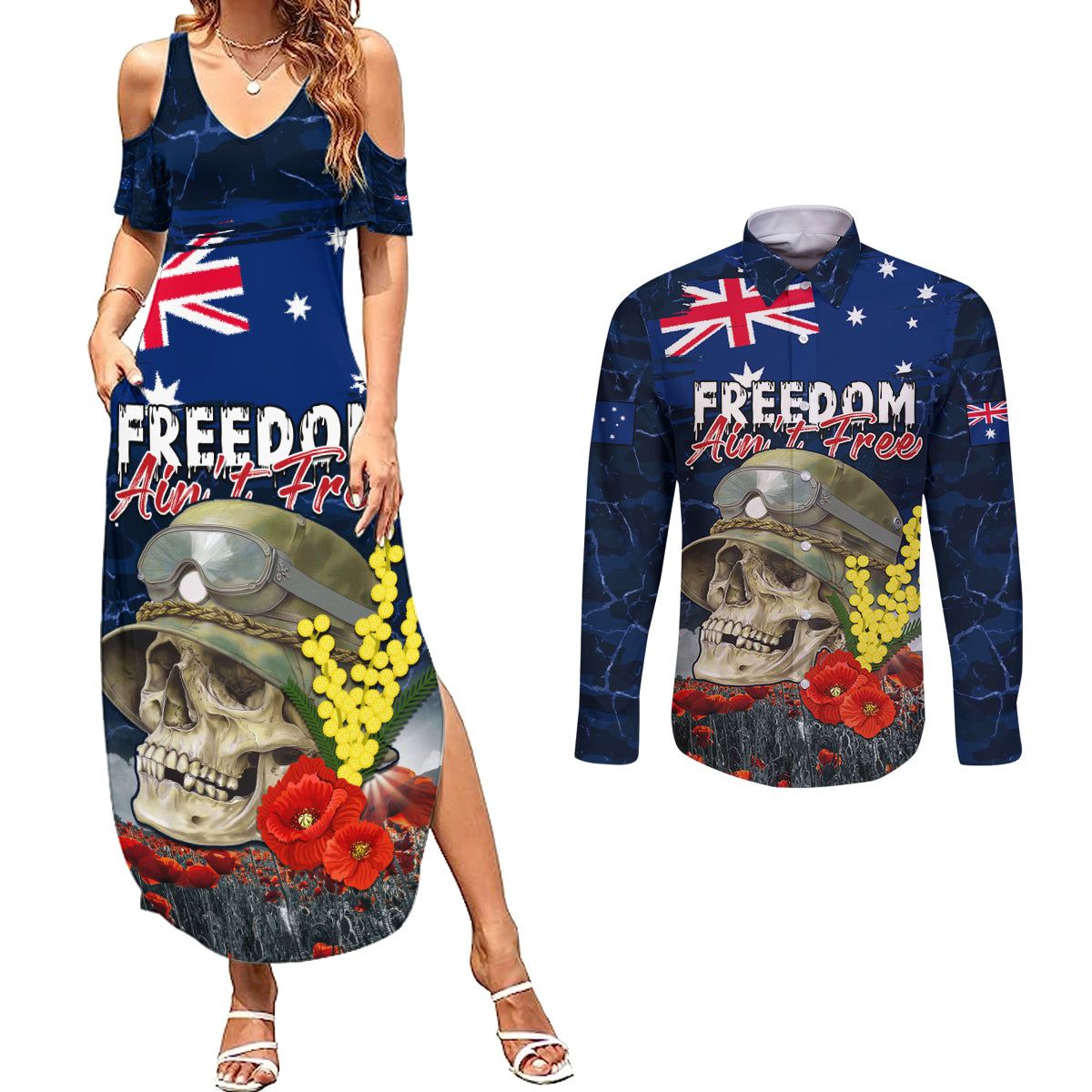 Australia ANZAC Day Couples Matching Summer Maxi Dress and Long Sleeve Button Shirt Freedom Ain't Free