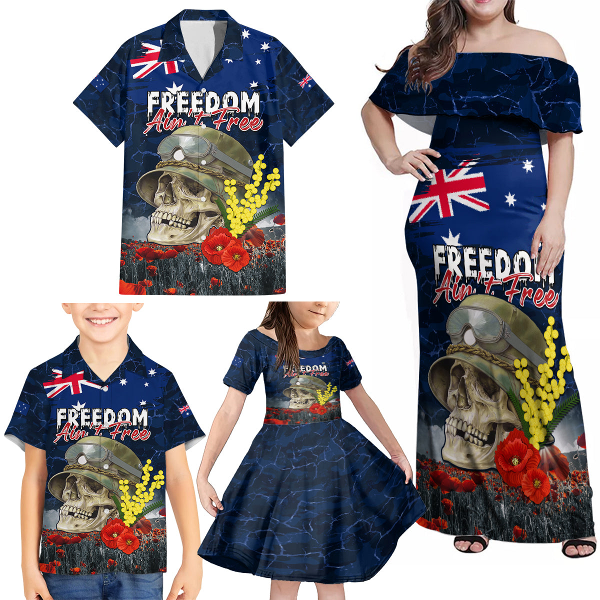 Australia ANZAC Day Family Matching Off Shoulder Maxi Dress and Hawaiian Shirt Freedom Ain't Free