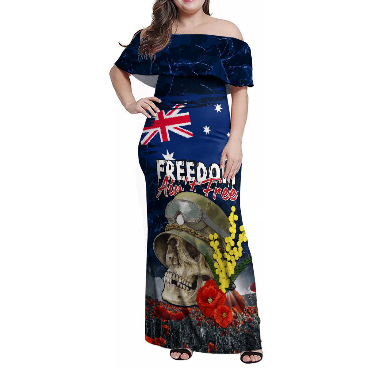 Australia ANZAC Day Family Matching Off Shoulder Maxi Dress and Hawaiian Shirt Freedom Ain't Free