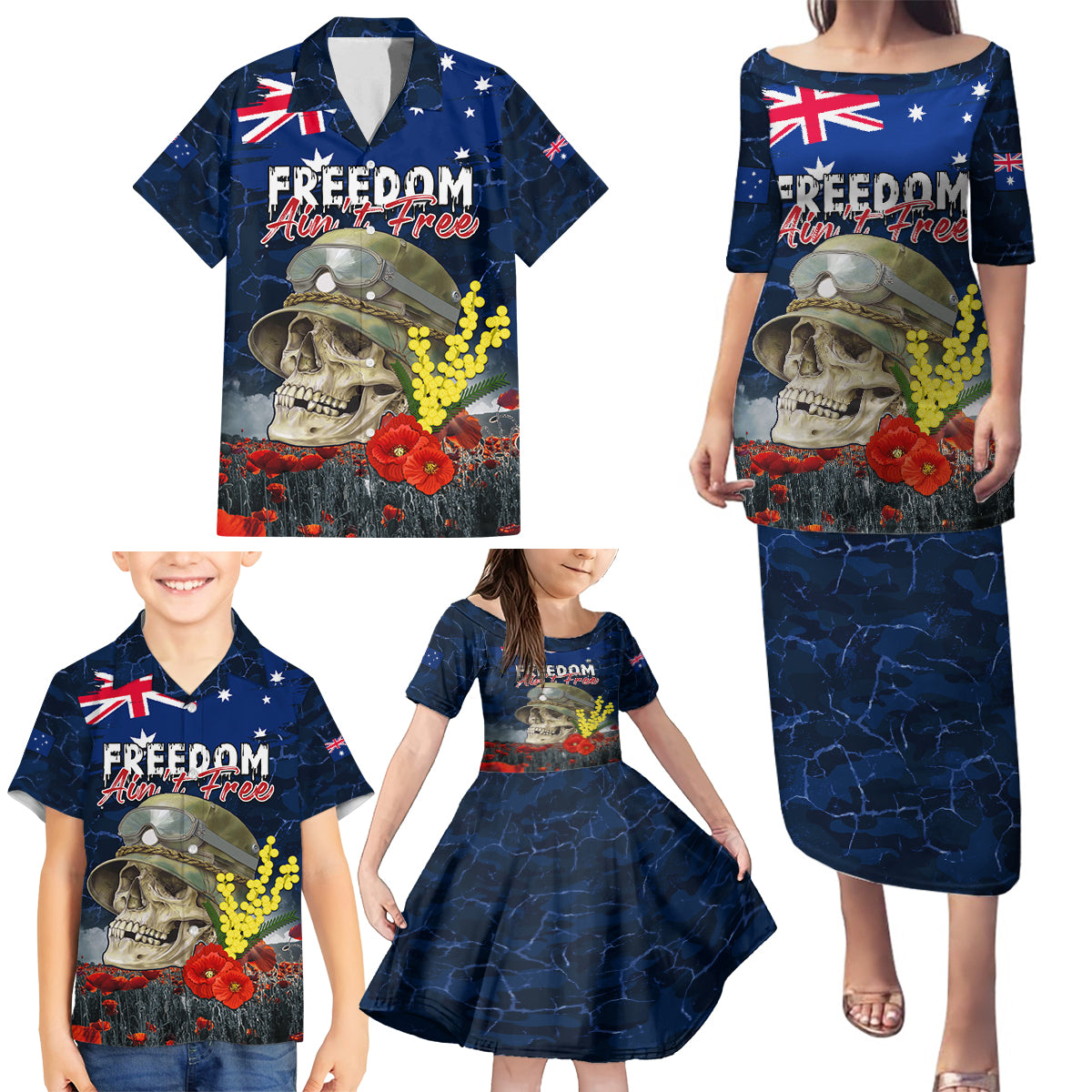 Australia ANZAC Day Family Matching Puletasi and Hawaiian Shirt Freedom Ain't Free