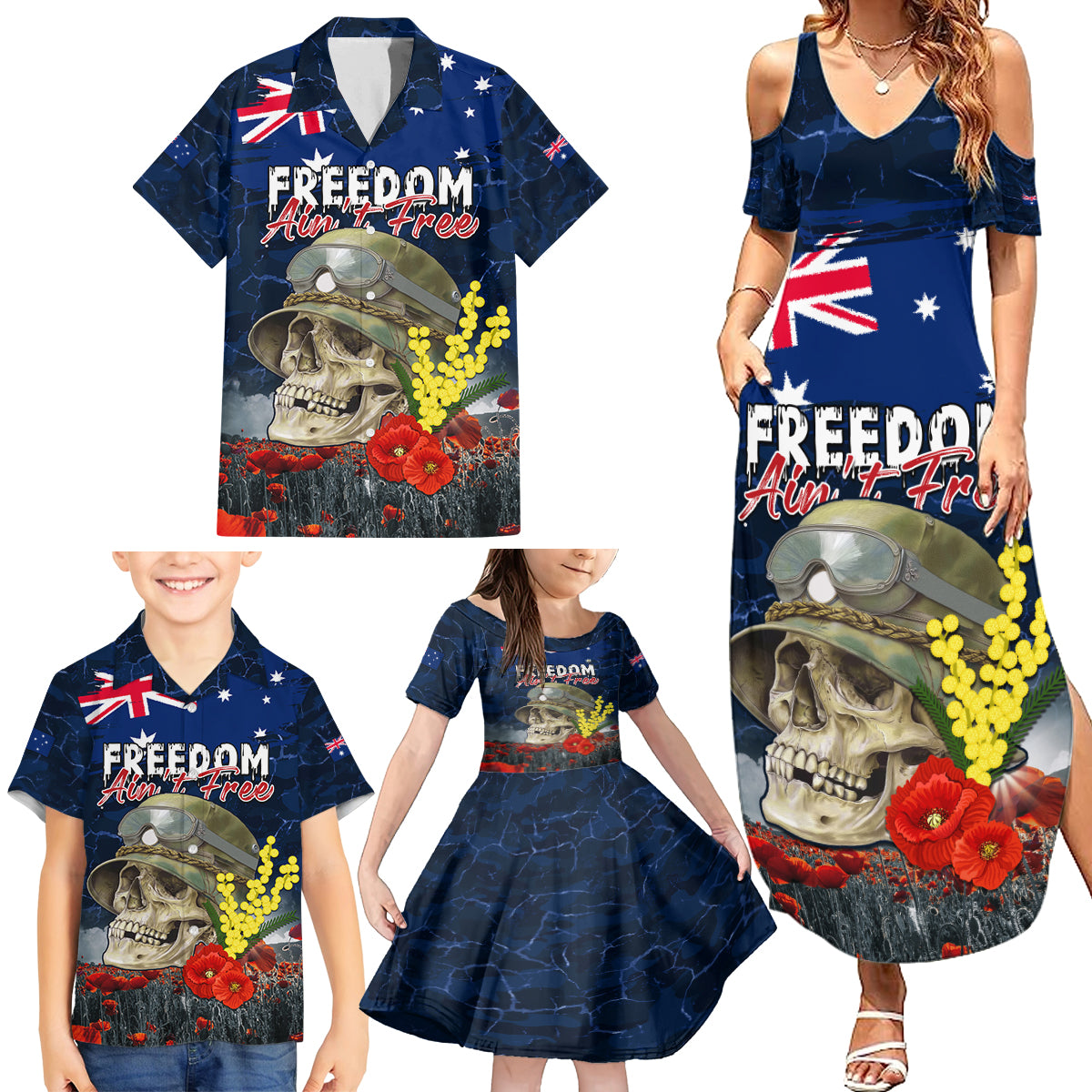 Australia ANZAC Day Family Matching Summer Maxi Dress and Hawaiian Shirt Freedom Ain't Free