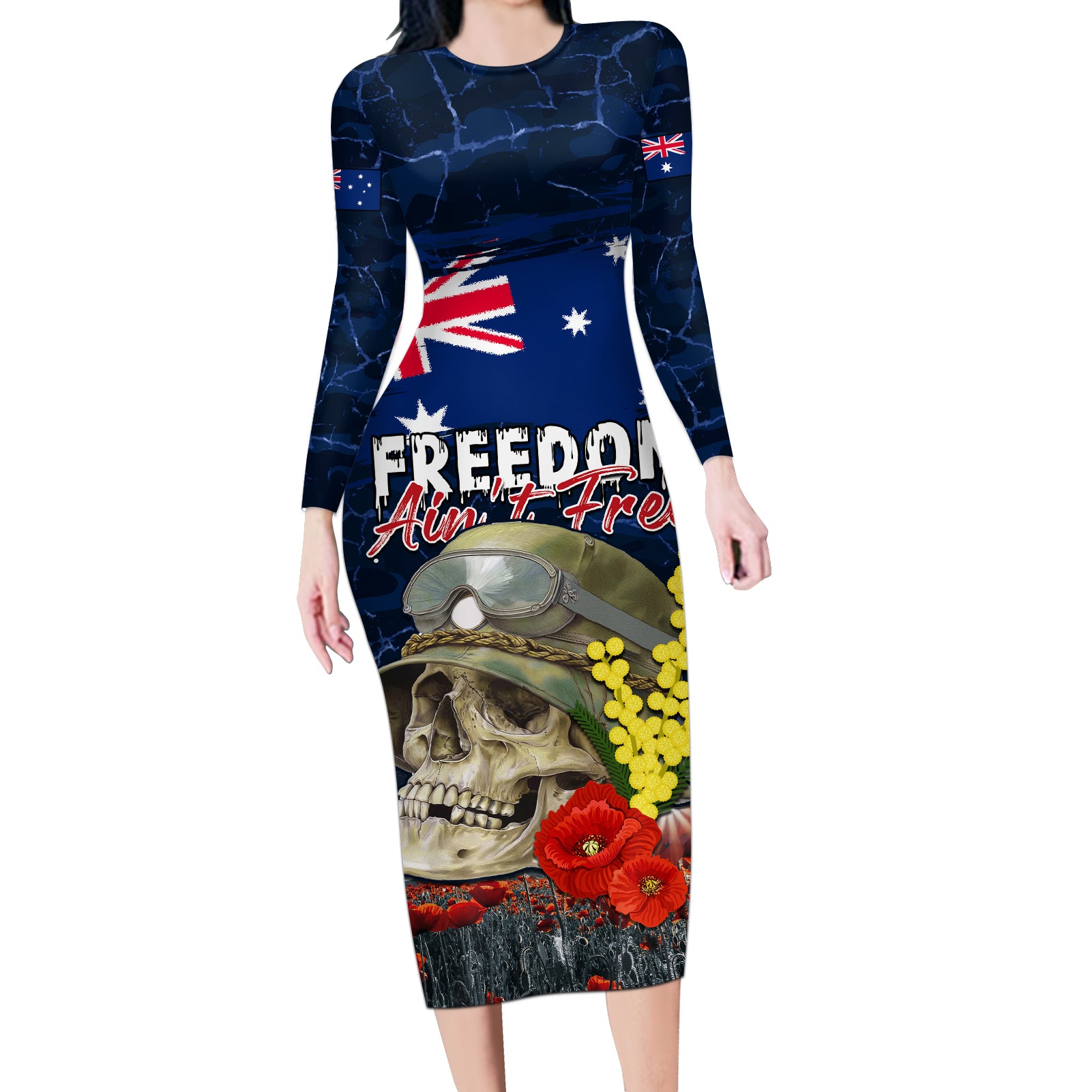 Australia ANZAC Day Long Sleeve Bodycon Dress Freedom Ain't Free