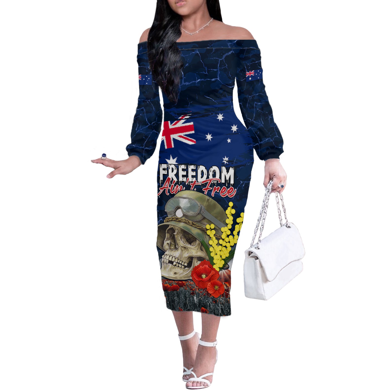 Australia ANZAC Day Off The Shoulder Long Sleeve Dress Freedom Ain't Free