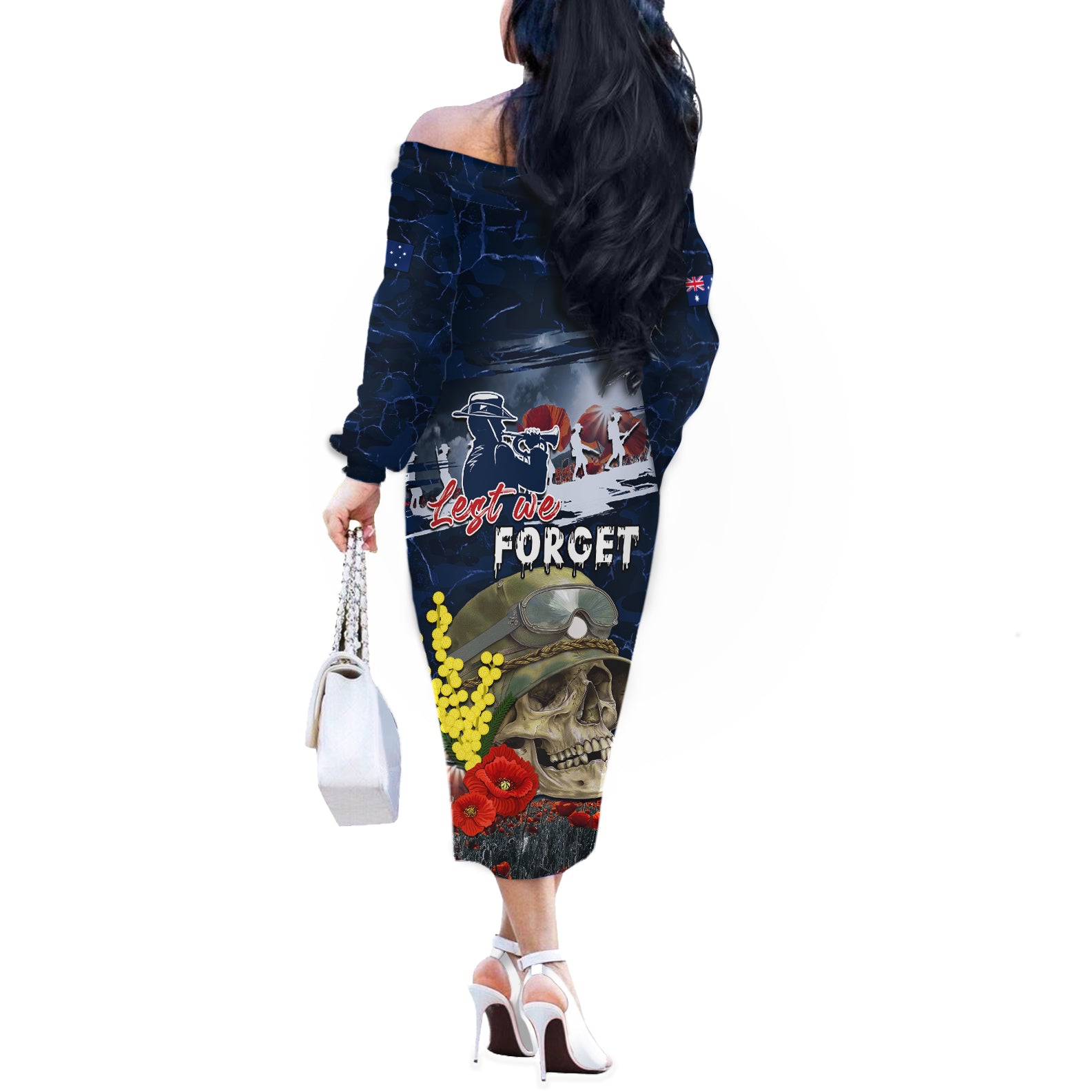 Australia ANZAC Day Off The Shoulder Long Sleeve Dress Freedom Ain't Free