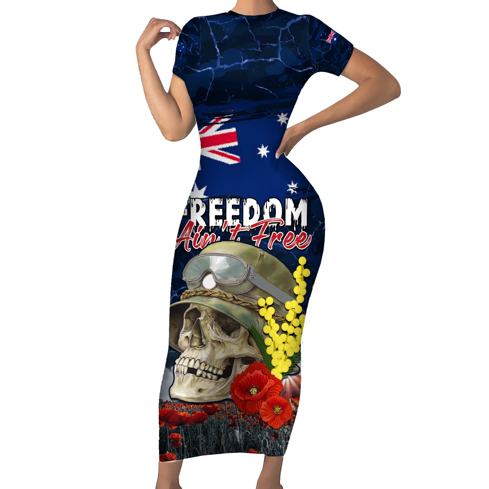 Australia ANZAC Day Short Sleeve Bodycon Dress Freedom Ain't Free