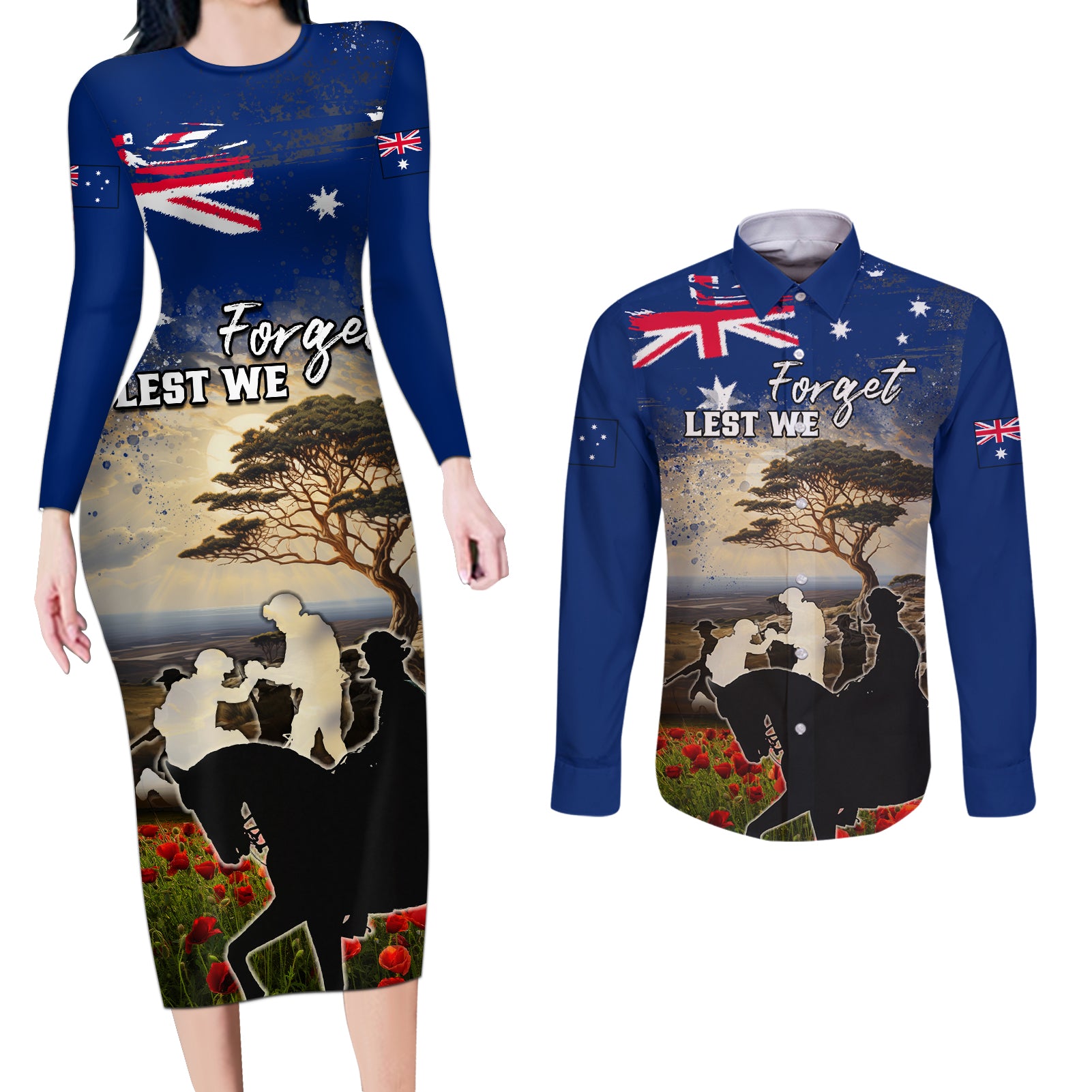 Australia ANZAC Day Couples Matching Long Sleeve Bodycon Dress and Long Sleeve Button Shirt The Lonesome Pine