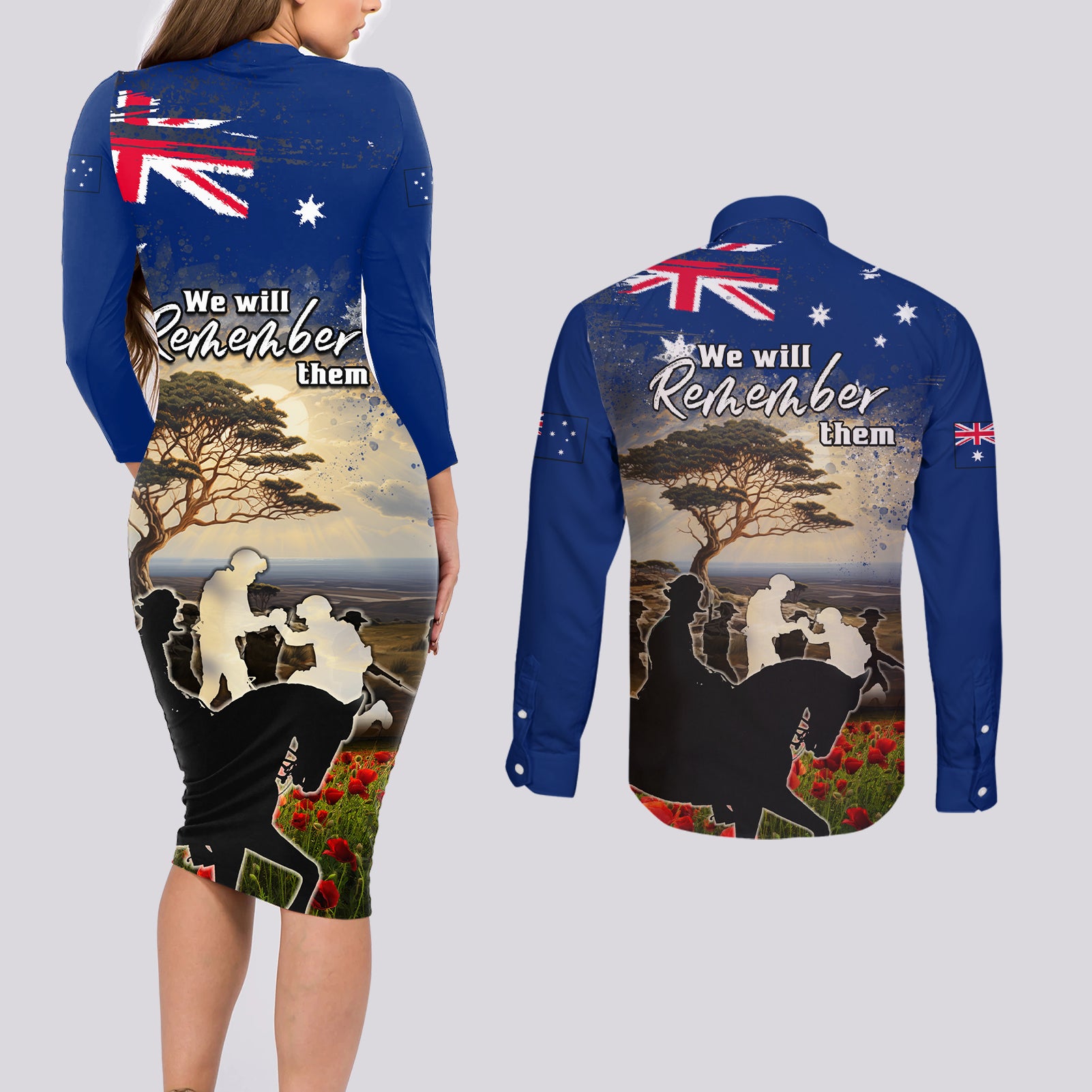 Australia ANZAC Day Couples Matching Long Sleeve Bodycon Dress and Long Sleeve Button Shirt The Lonesome Pine