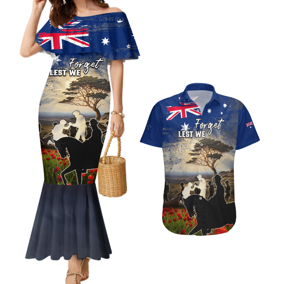 Australia ANZAC Day Couples Matching Mermaid Dress and Hawaiian Shirt The Lonesome Pine