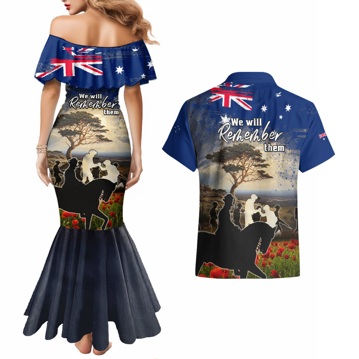 Australia ANZAC Day Couples Matching Mermaid Dress and Hawaiian Shirt The Lonesome Pine