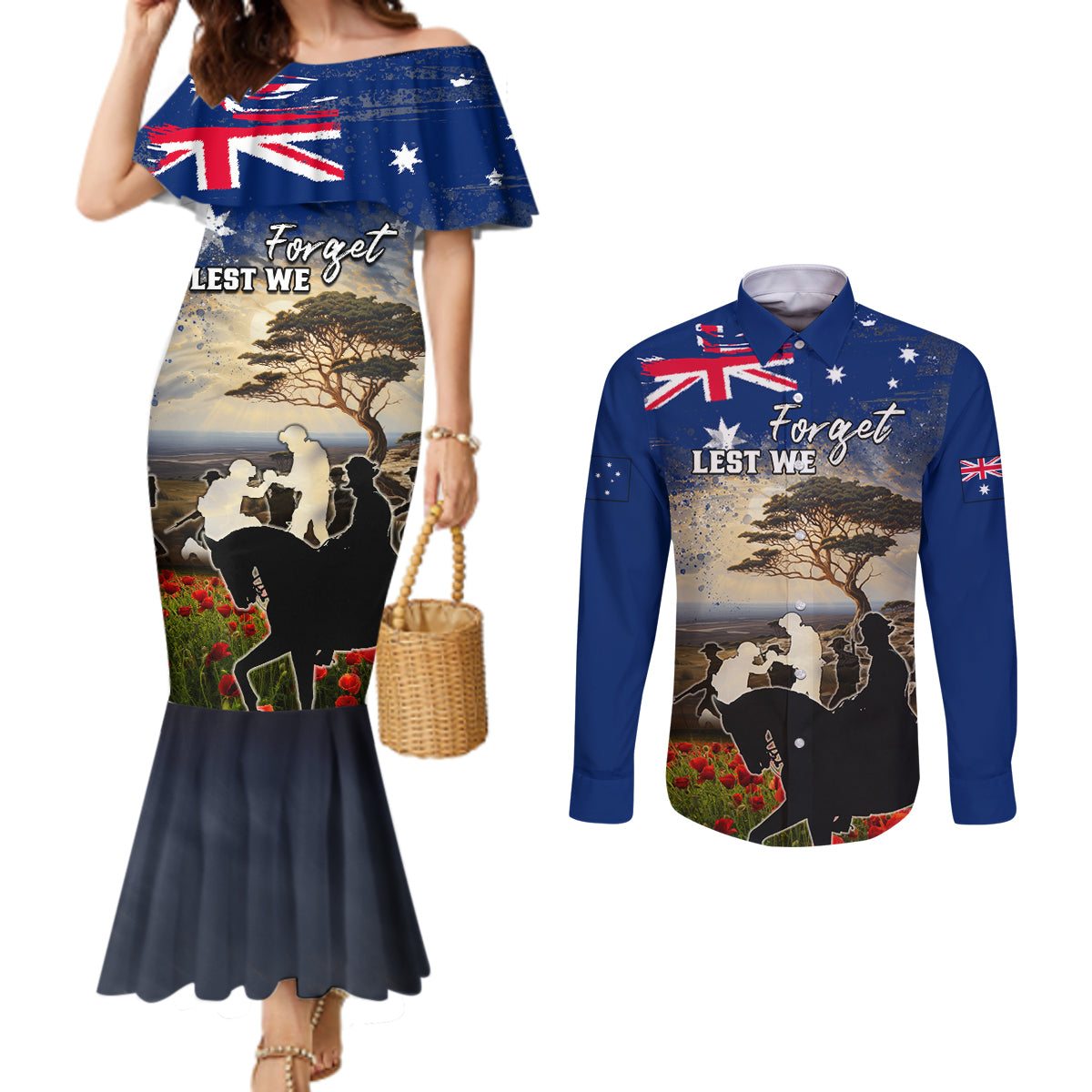 Australia ANZAC Day Couples Matching Mermaid Dress and Long Sleeve Button Shirt The Lonesome Pine