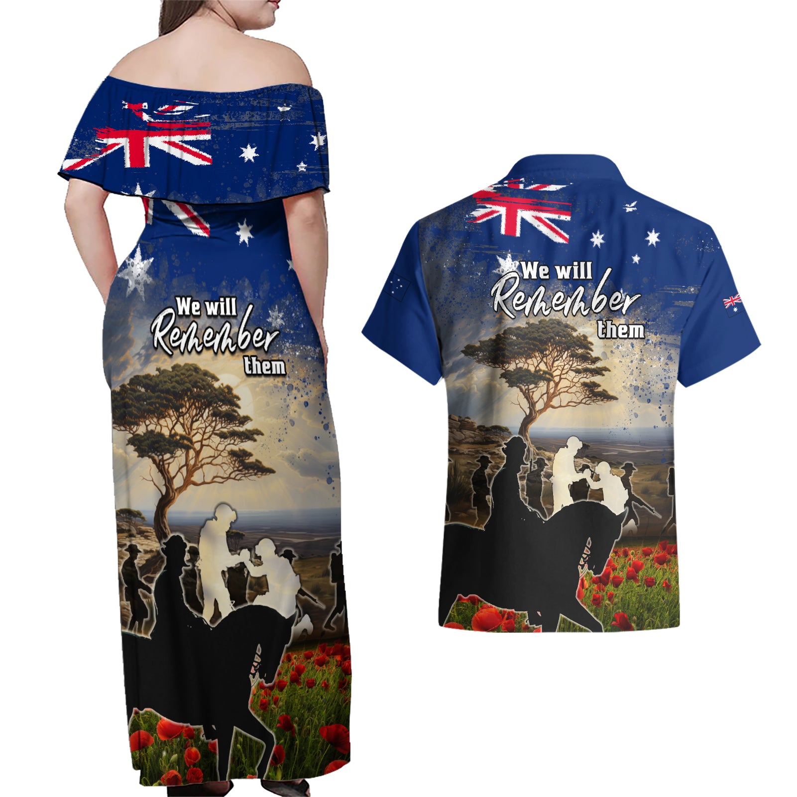 Australia ANZAC Day Couples Matching Off Shoulder Maxi Dress and Hawaiian Shirt The Lonesome Pine
