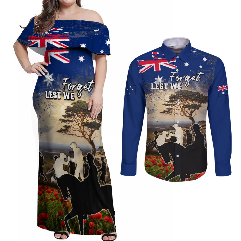 Australia ANZAC Day Couples Matching Off Shoulder Maxi Dress and Long Sleeve Button Shirt The Lonesome Pine