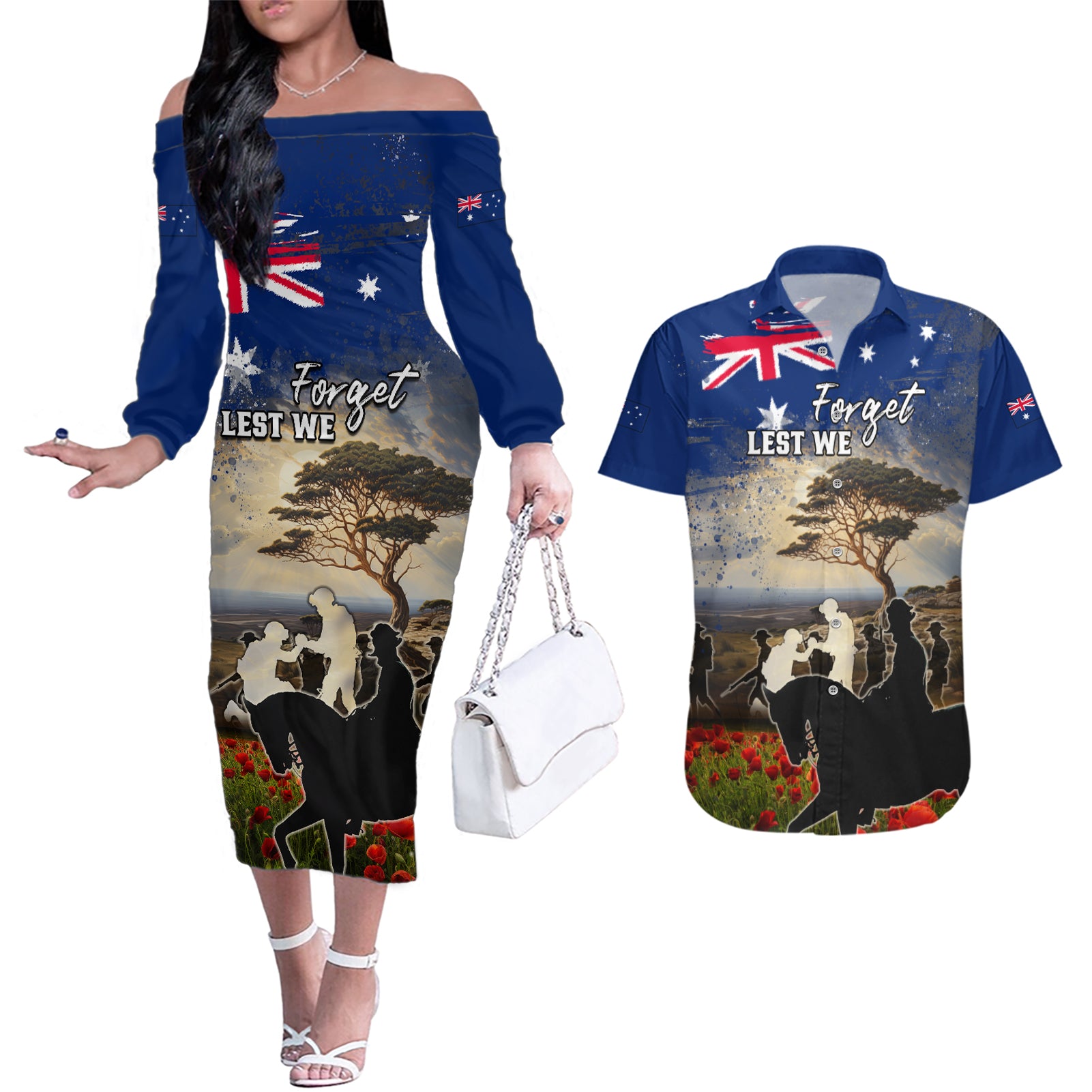 Australia ANZAC Day Couples Matching Off The Shoulder Long Sleeve Dress and Hawaiian Shirt The Lonesome Pine