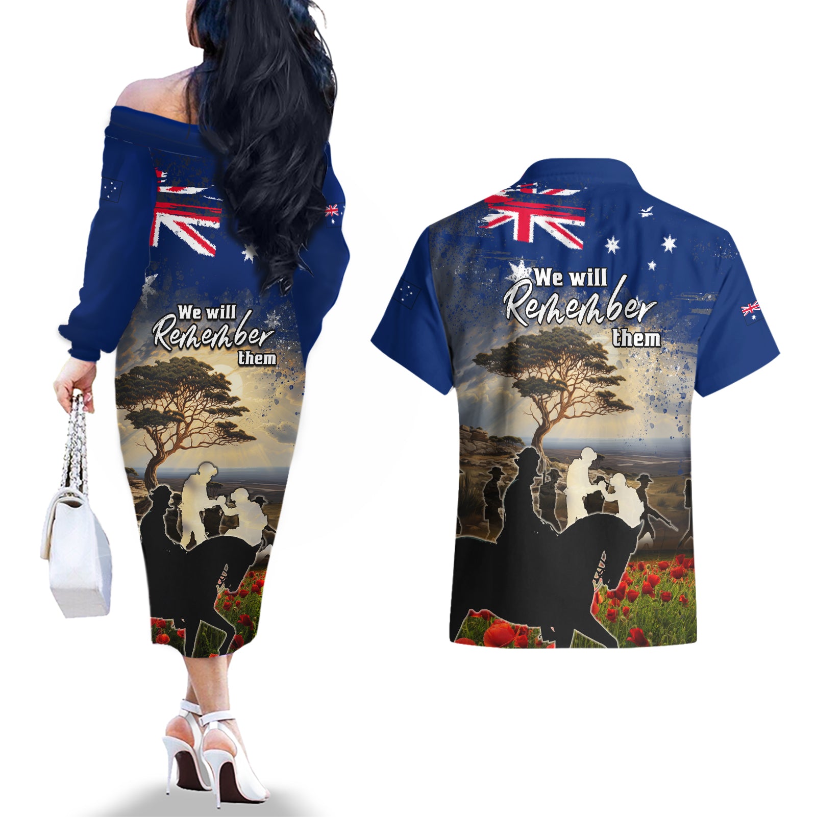 Australia ANZAC Day Couples Matching Off The Shoulder Long Sleeve Dress and Hawaiian Shirt The Lonesome Pine