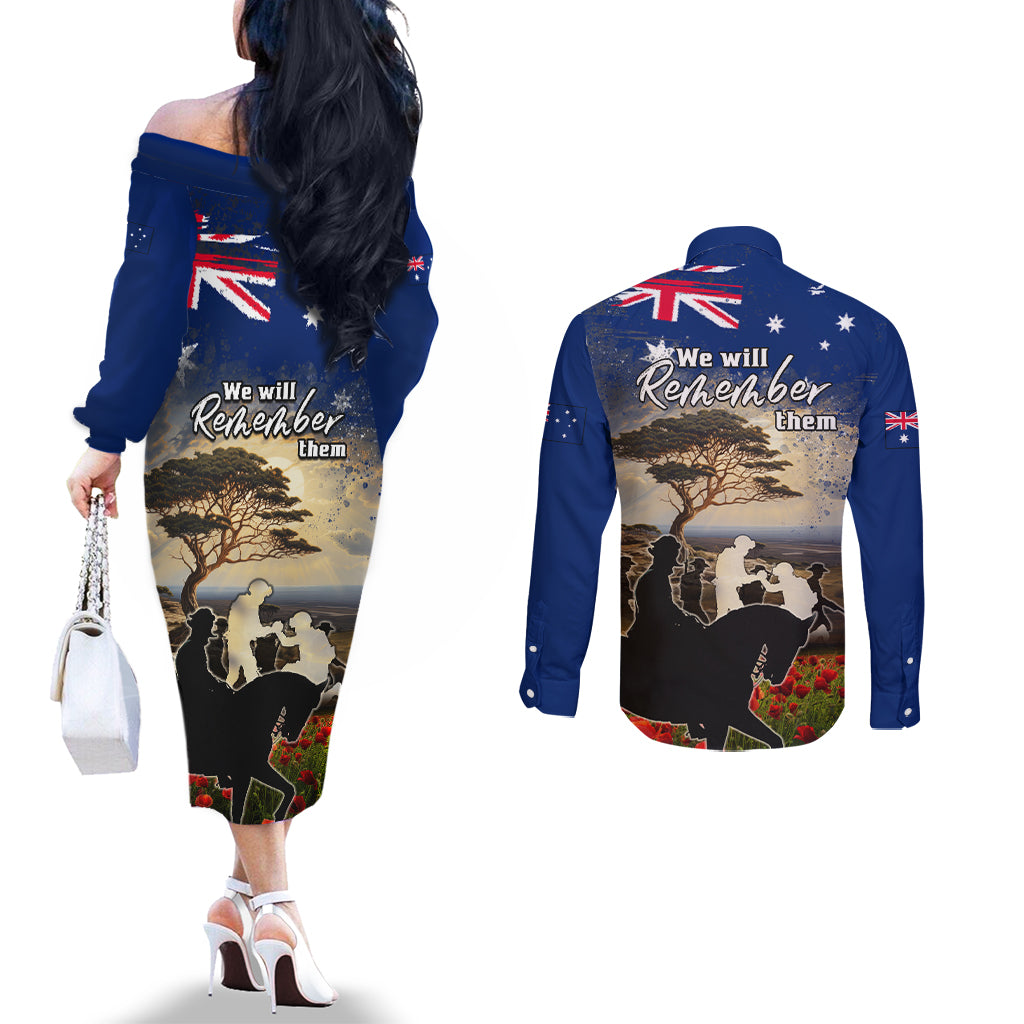 Australia ANZAC Day Couples Matching Off The Shoulder Long Sleeve Dress and Long Sleeve Button Shirt The Lonesome Pine