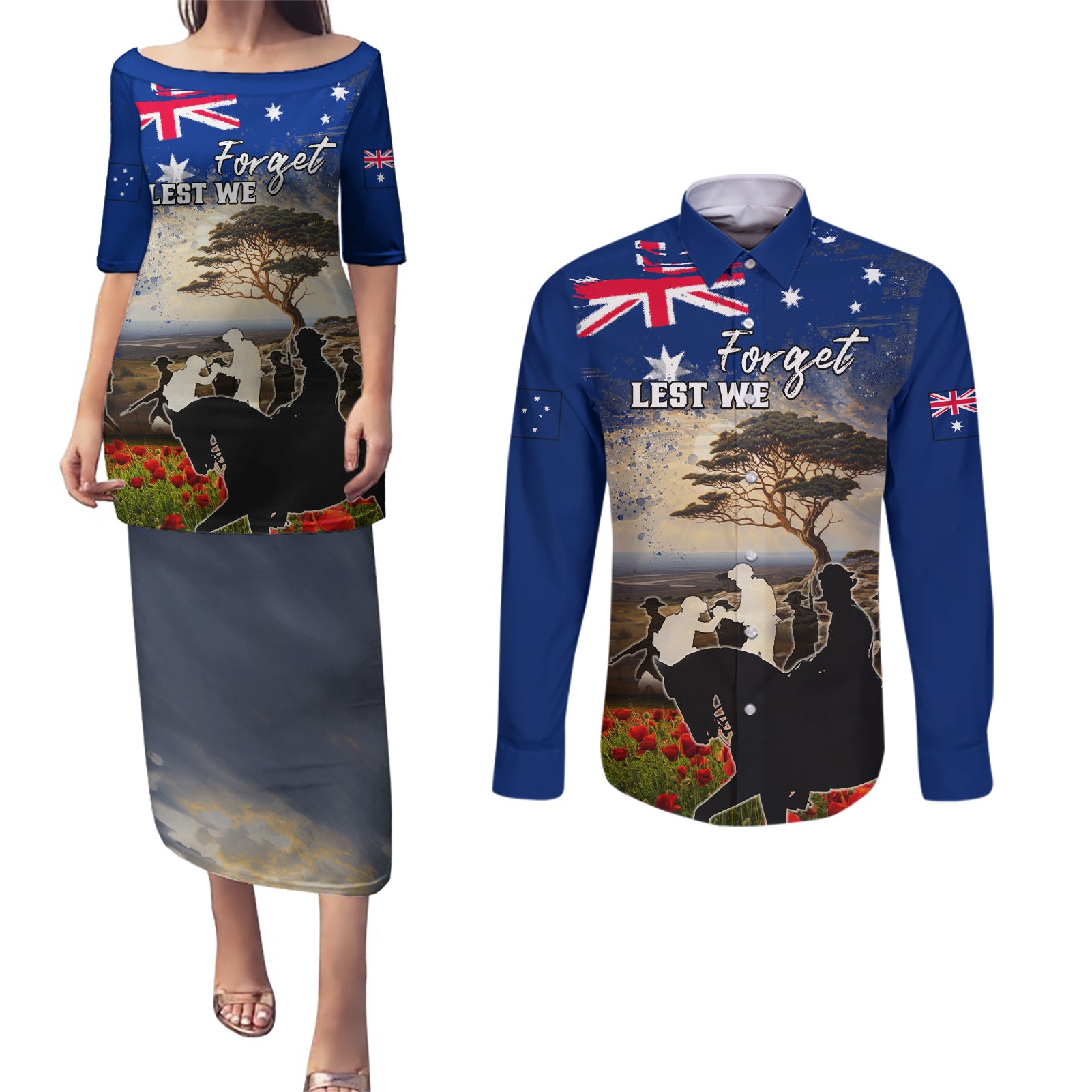Australia ANZAC Day Couples Matching Puletasi and Long Sleeve Button Shirt The Lonesome Pine
