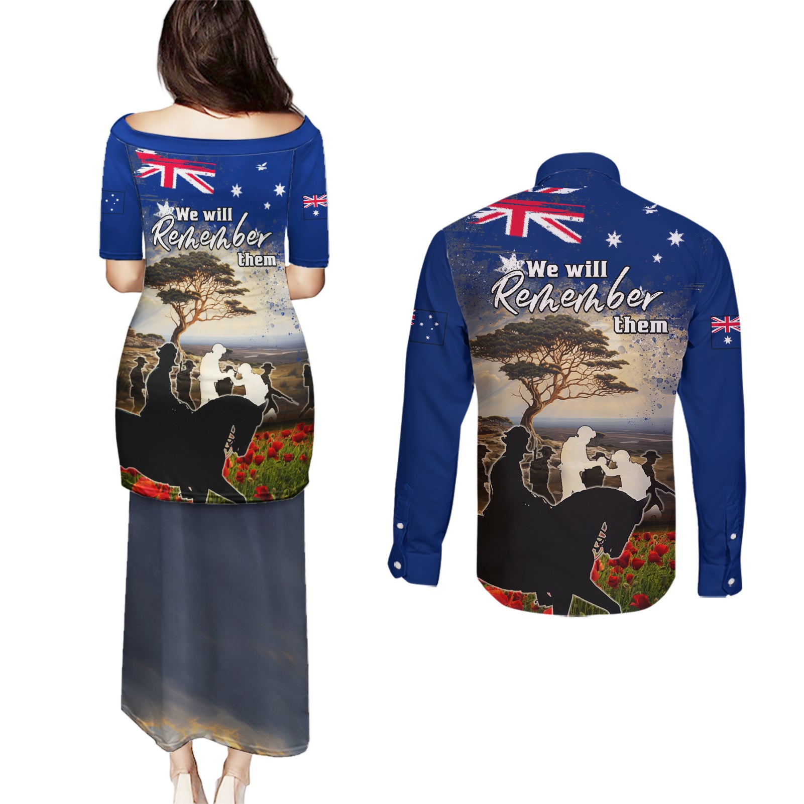 Australia ANZAC Day Couples Matching Puletasi and Long Sleeve Button Shirt The Lonesome Pine