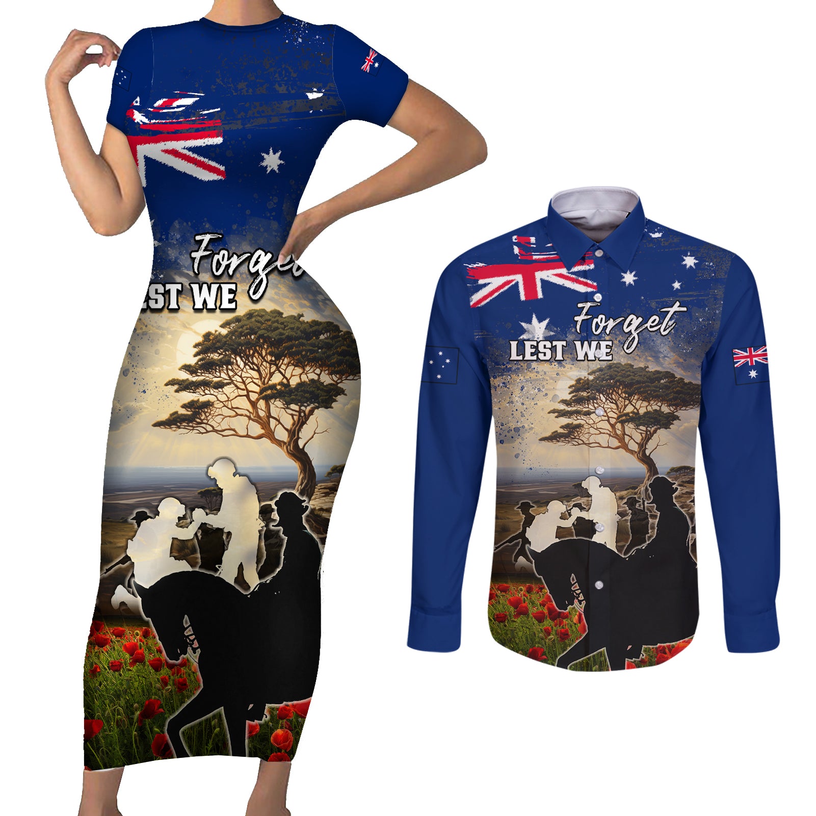 Australia ANZAC Day Couples Matching Short Sleeve Bodycon Dress and Long Sleeve Button Shirt The Lonesome Pine