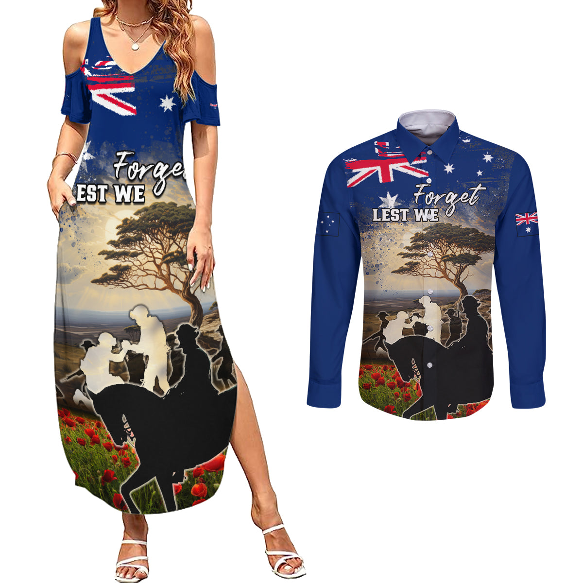 Australia ANZAC Day Couples Matching Summer Maxi Dress and Long Sleeve Button Shirt The Lonesome Pine