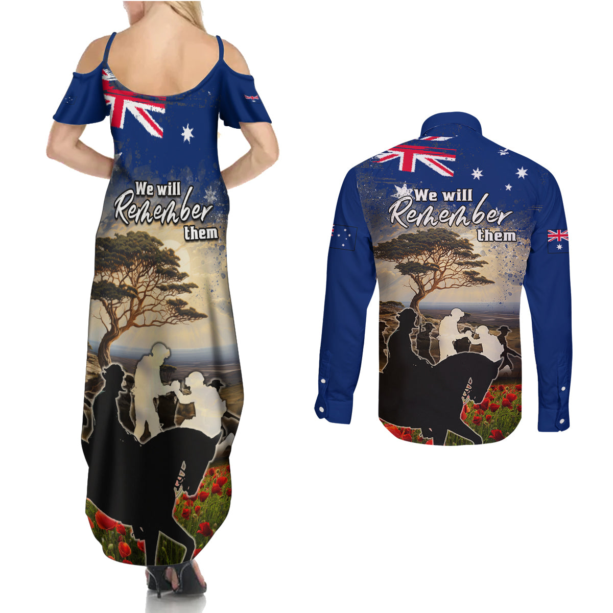Australia ANZAC Day Couples Matching Summer Maxi Dress and Long Sleeve Button Shirt The Lonesome Pine