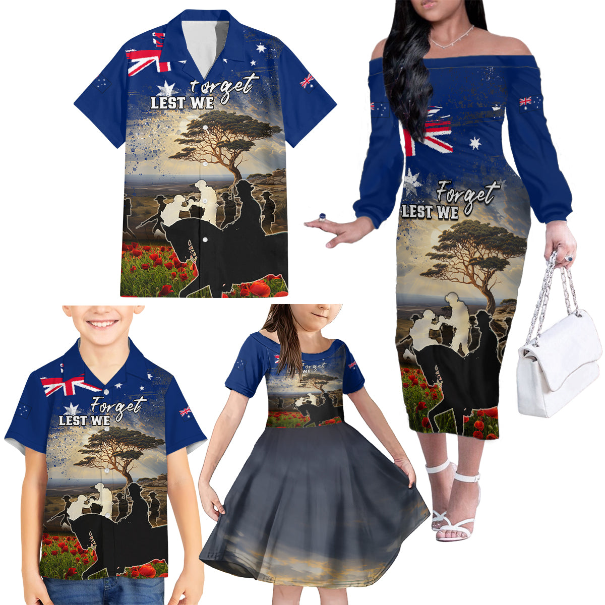 Australia ANZAC Day Family Matching Off The Shoulder Long Sleeve Dress and Hawaiian Shirt The Lonesome Pine