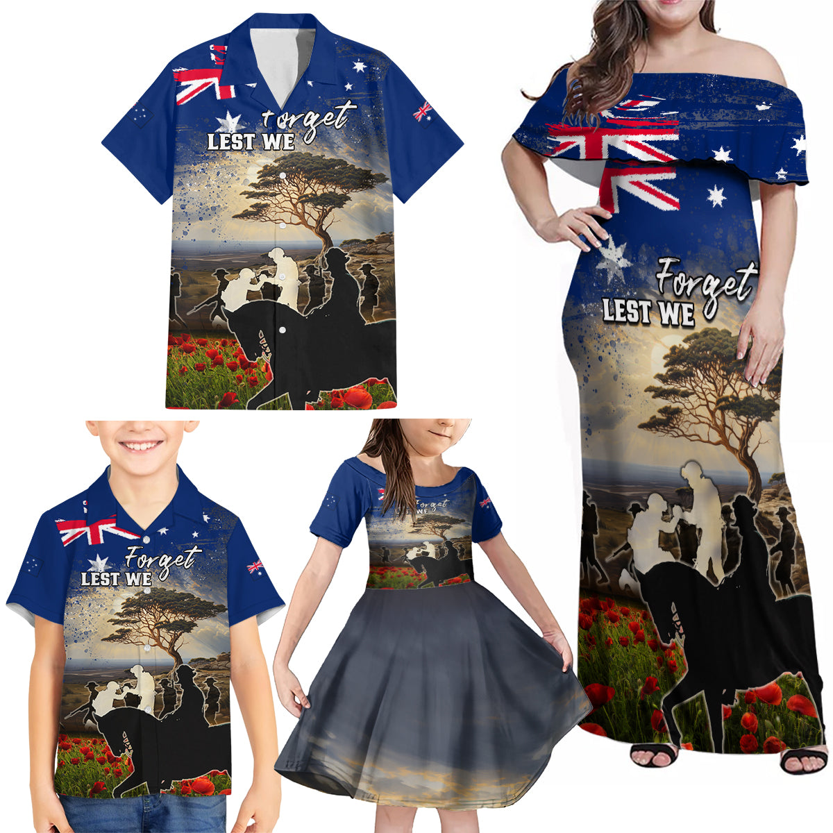 Australia ANZAC Day Family Matching Off Shoulder Maxi Dress and Hawaiian Shirt The Lonesome Pine