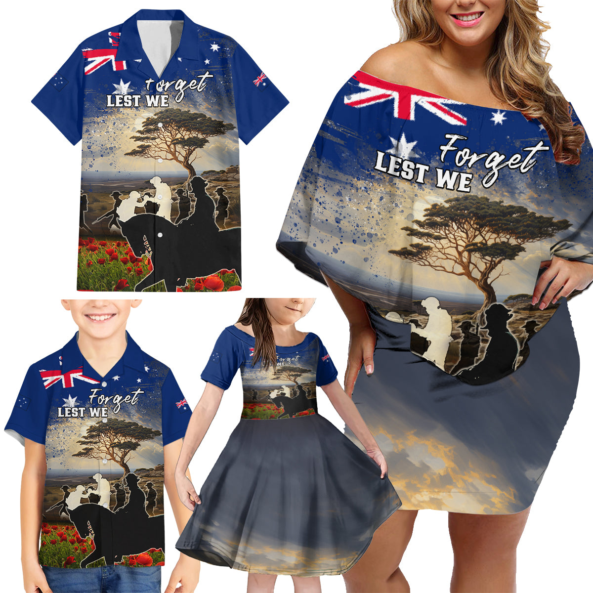 Australia ANZAC Day Family Matching Off Shoulder Short Dress and Hawaiian Shirt The Lonesome Pine