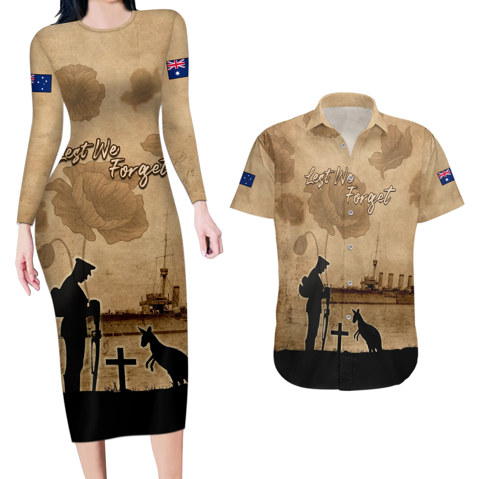 Australia ANZAC Day Couples Matching Long Sleeve Bodycon Dress and Hawaiian Shirt HMAS Sydney I Chatham-Class Light Cruiser