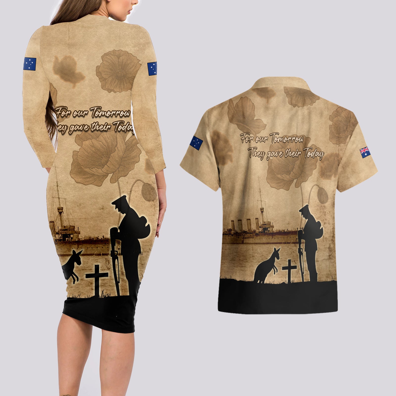 Australia ANZAC Day Couples Matching Long Sleeve Bodycon Dress and Hawaiian Shirt HMAS Sydney I Chatham-Class Light Cruiser
