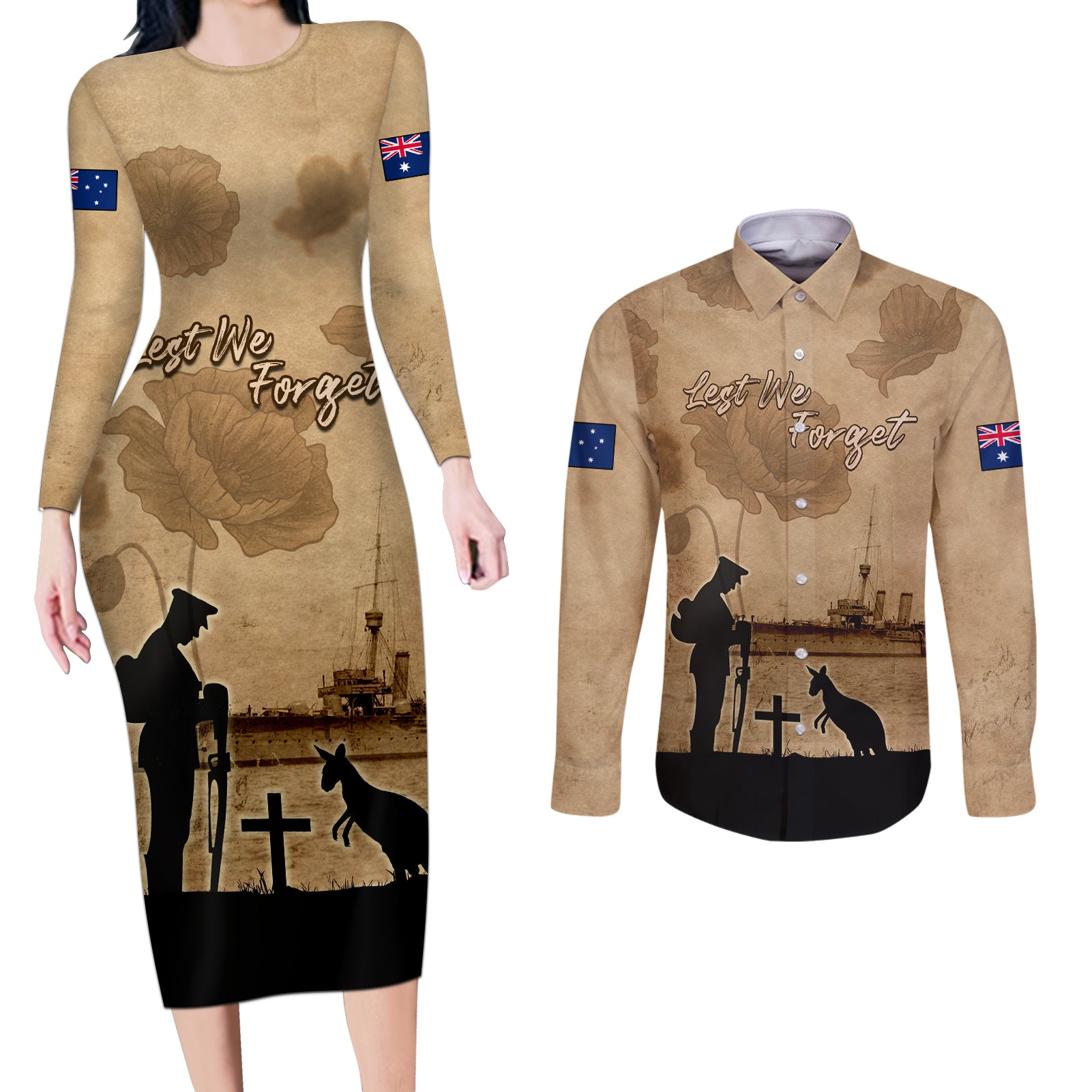 Australia ANZAC Day Couples Matching Long Sleeve Bodycon Dress and Long Sleeve Button Shirt HMAS Sydney I Chatham-Class Light Cruiser