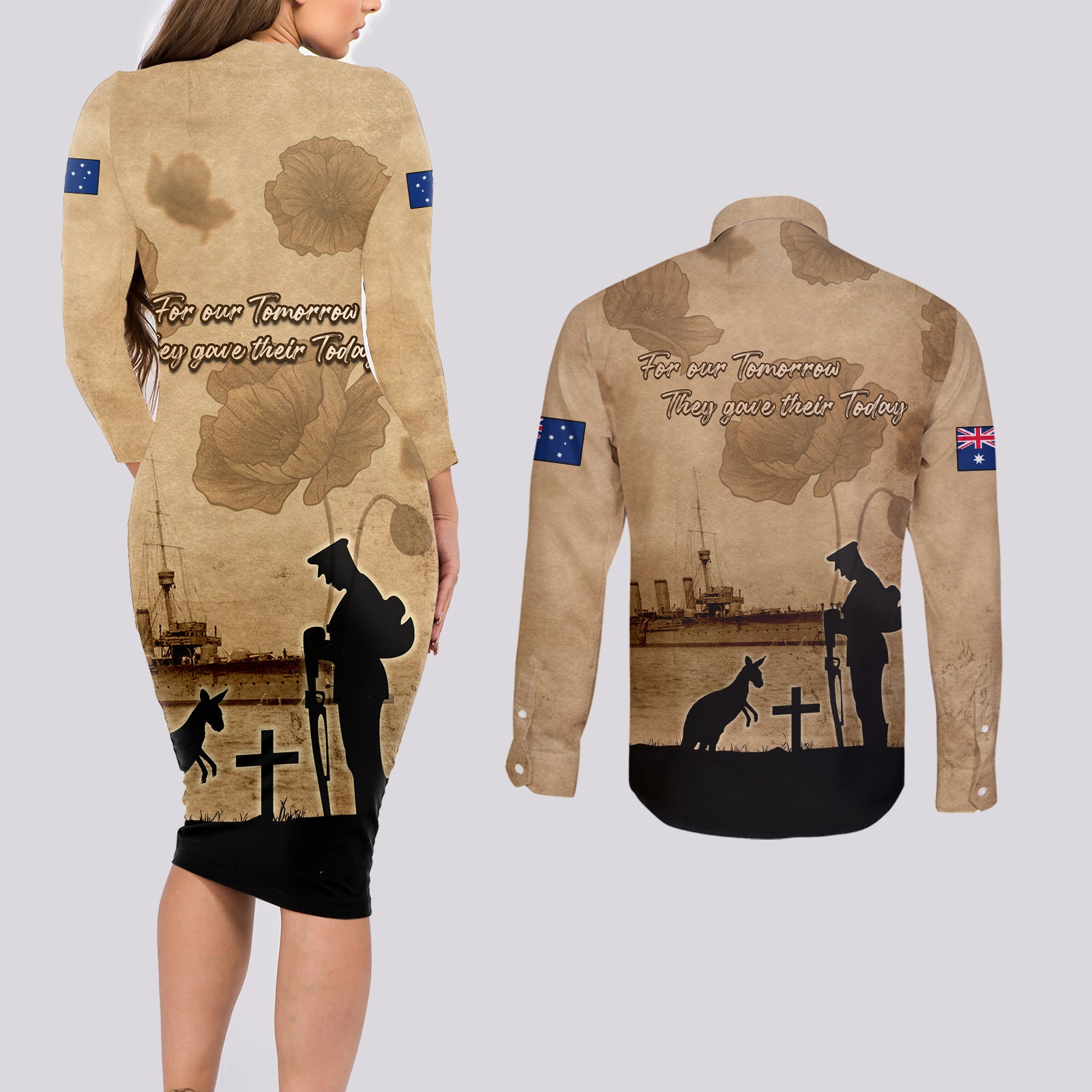 Australia ANZAC Day Couples Matching Long Sleeve Bodycon Dress and Long Sleeve Button Shirt HMAS Sydney I Chatham-Class Light Cruiser