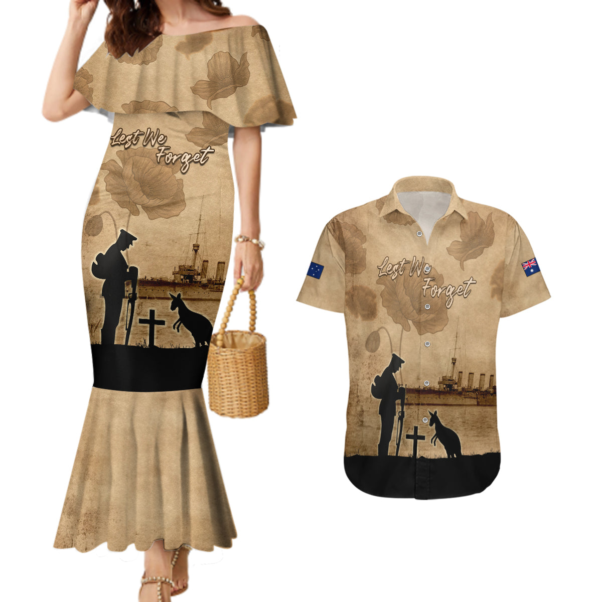 Australia ANZAC Day Couples Matching Mermaid Dress and Hawaiian Shirt HMAS Sydney I Chatham-Class Light Cruiser