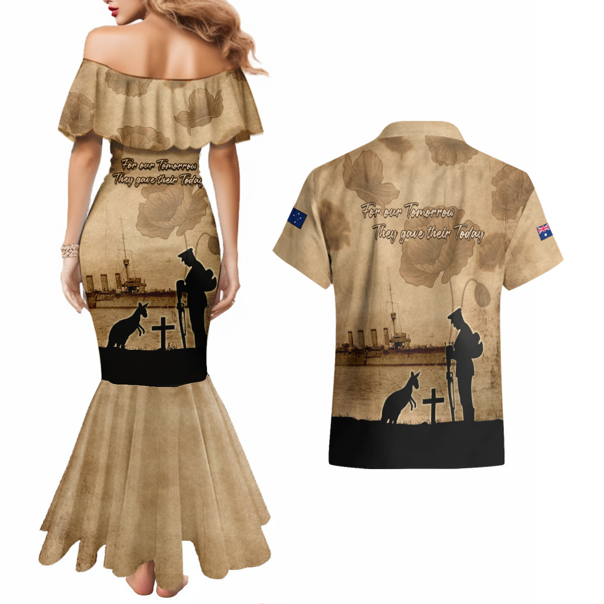 Australia ANZAC Day Couples Matching Mermaid Dress and Hawaiian Shirt HMAS Sydney I Chatham-Class Light Cruiser