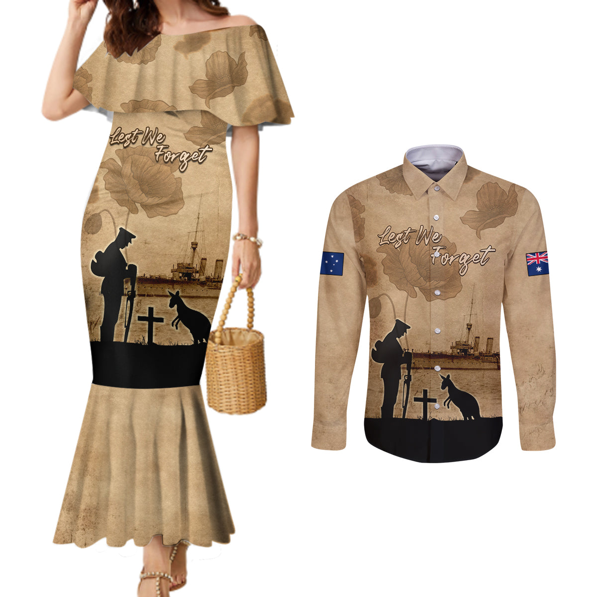 Australia ANZAC Day Couples Matching Mermaid Dress and Long Sleeve Button Shirt HMAS Sydney I Chatham-Class Light Cruiser