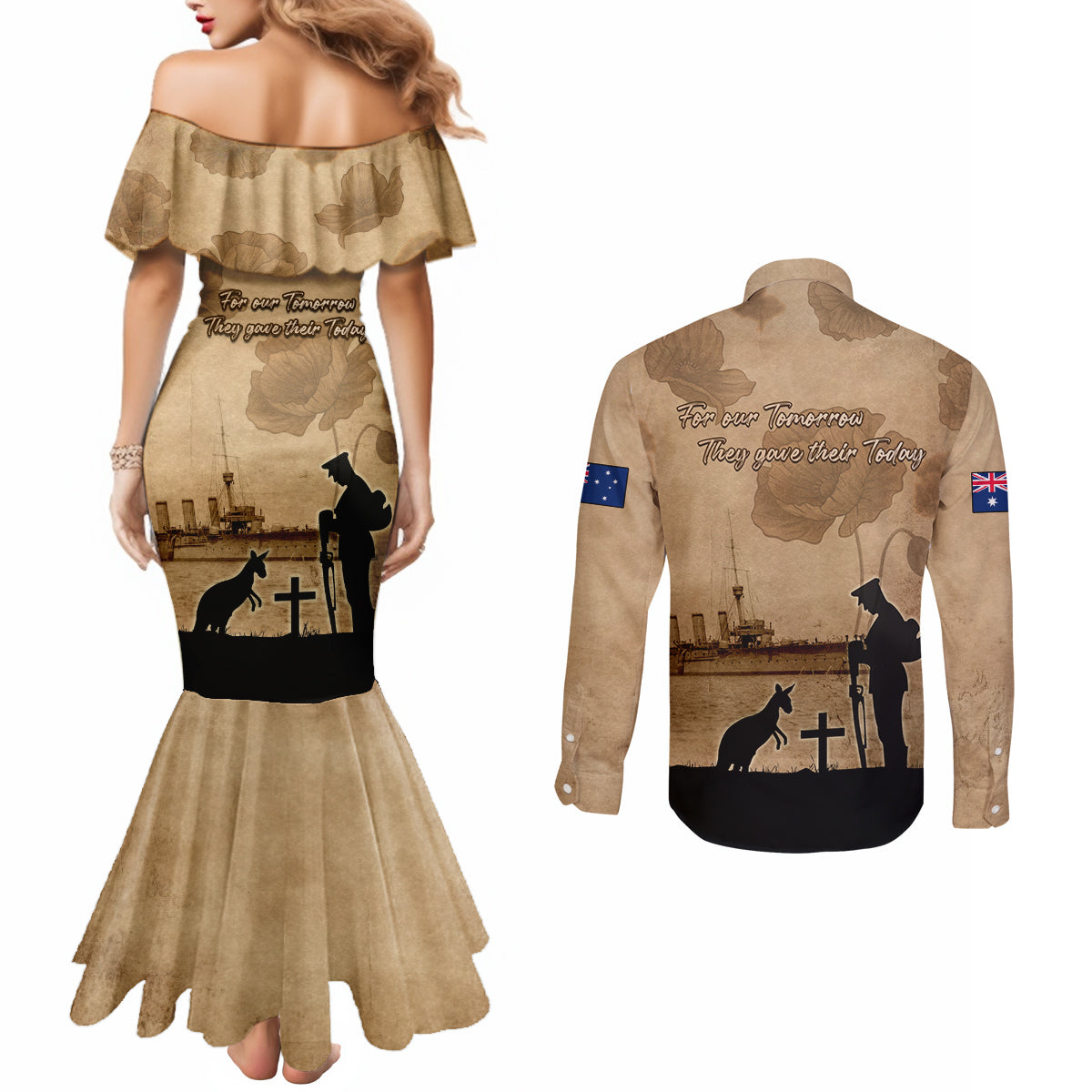 Australia ANZAC Day Couples Matching Mermaid Dress and Long Sleeve Button Shirt HMAS Sydney I Chatham-Class Light Cruiser