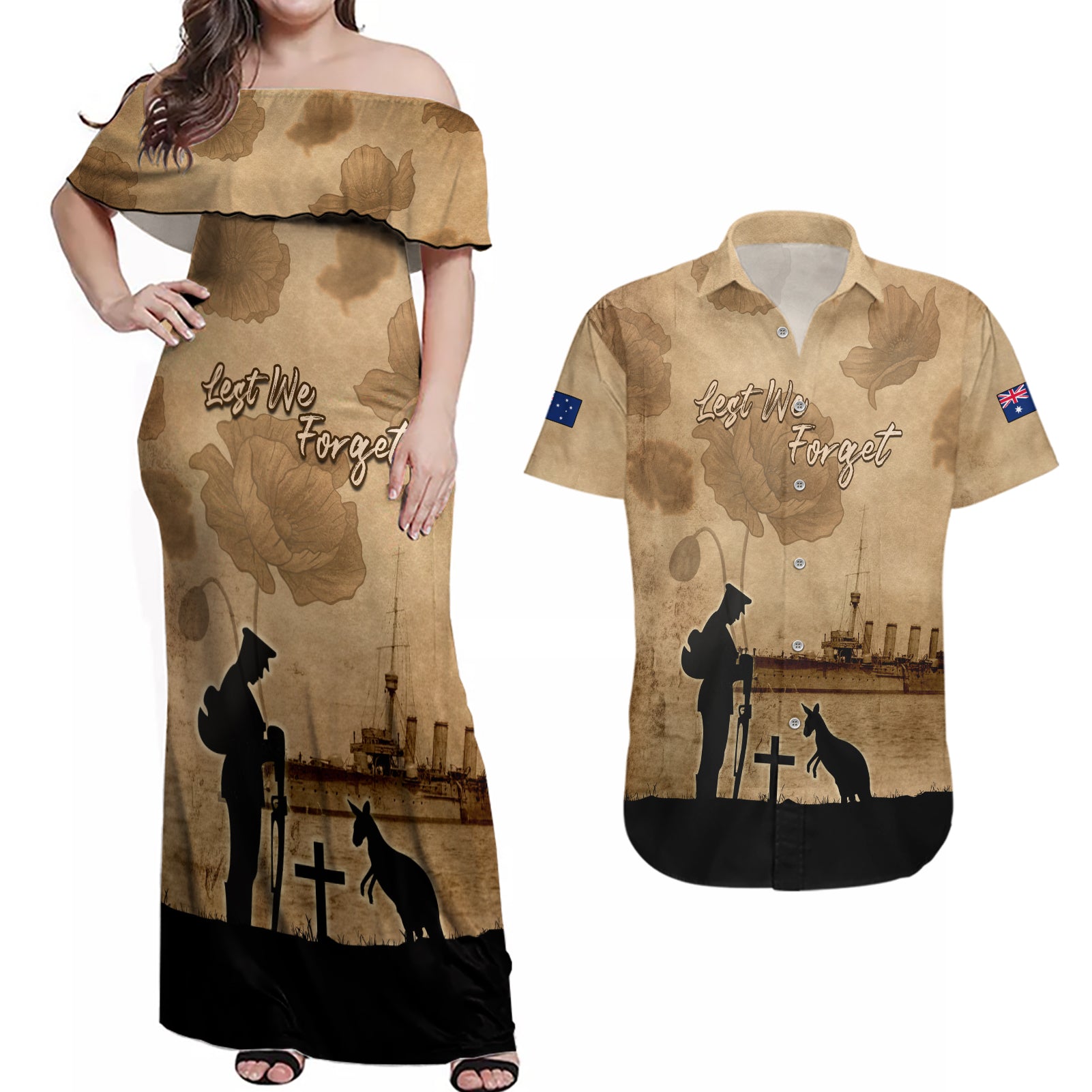 Australia ANZAC Day Couples Matching Off Shoulder Maxi Dress and Hawaiian Shirt HMAS Sydney I Chatham-Class Light Cruiser