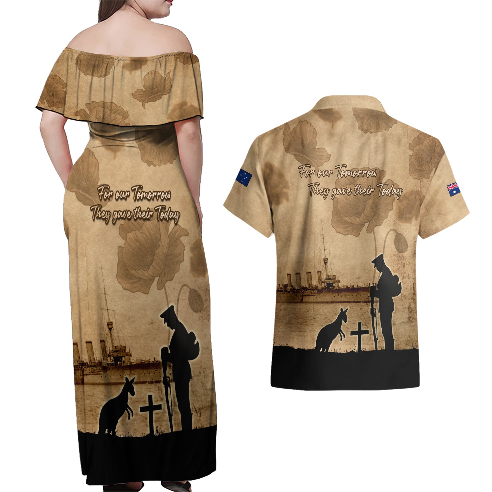 Australia ANZAC Day Couples Matching Off Shoulder Maxi Dress and Hawaiian Shirt HMAS Sydney I Chatham-Class Light Cruiser