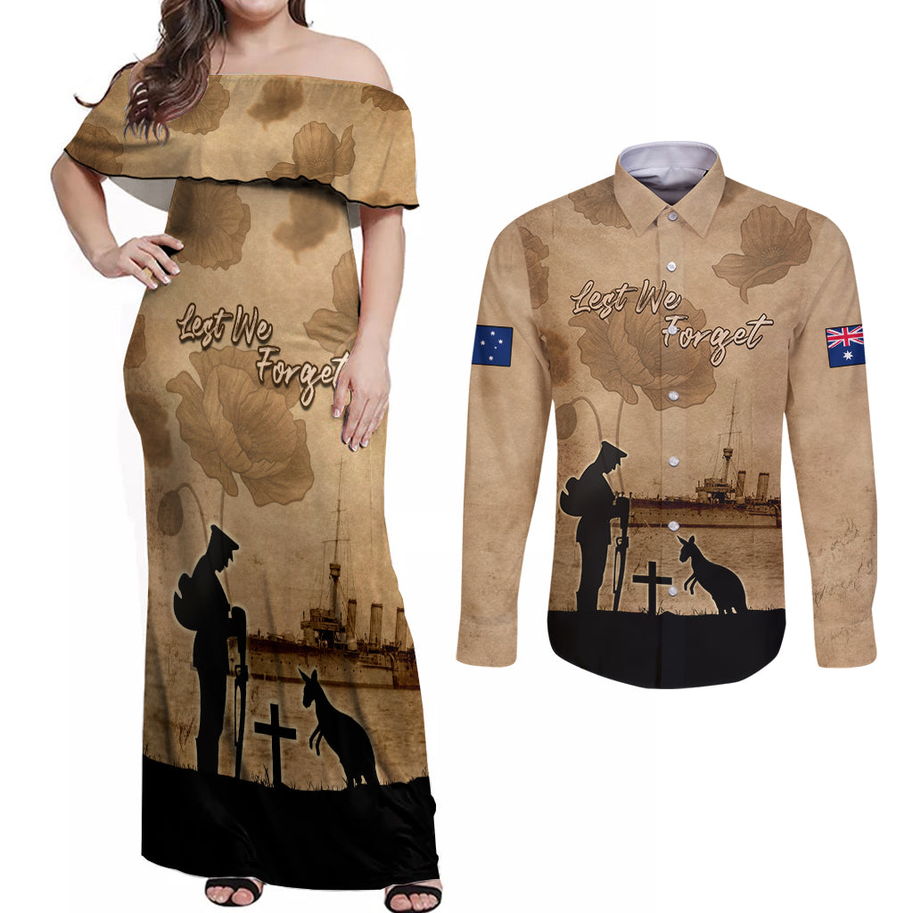 Australia ANZAC Day Couples Matching Off Shoulder Maxi Dress and Long Sleeve Button Shirt HMAS Sydney I Chatham-Class Light Cruiser