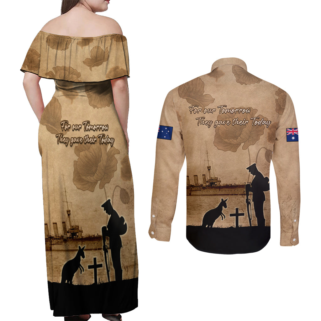 Australia ANZAC Day Couples Matching Off Shoulder Maxi Dress and Long Sleeve Button Shirt HMAS Sydney I Chatham-Class Light Cruiser