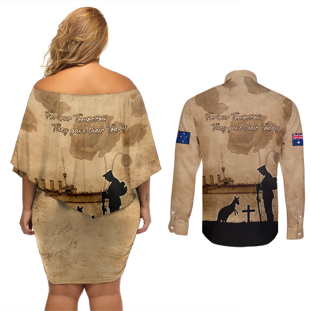 Australia ANZAC Day Couples Matching Off Shoulder Short Dress and Long Sleeve Button Shirt HMAS Sydney I Chatham-Class Light Cruiser