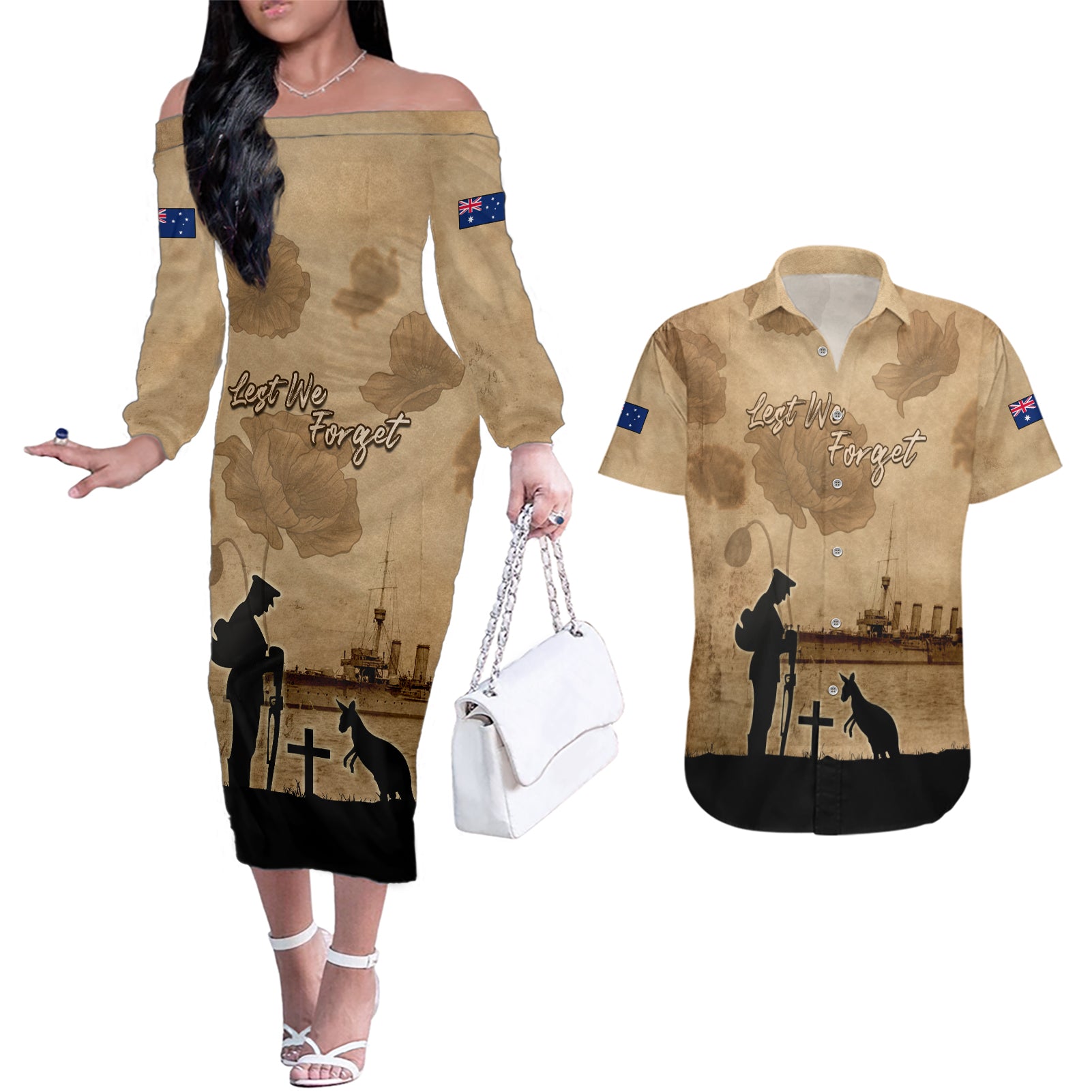 Australia ANZAC Day Couples Matching Off The Shoulder Long Sleeve Dress and Hawaiian Shirt HMAS Sydney I Chatham-Class Light Cruiser