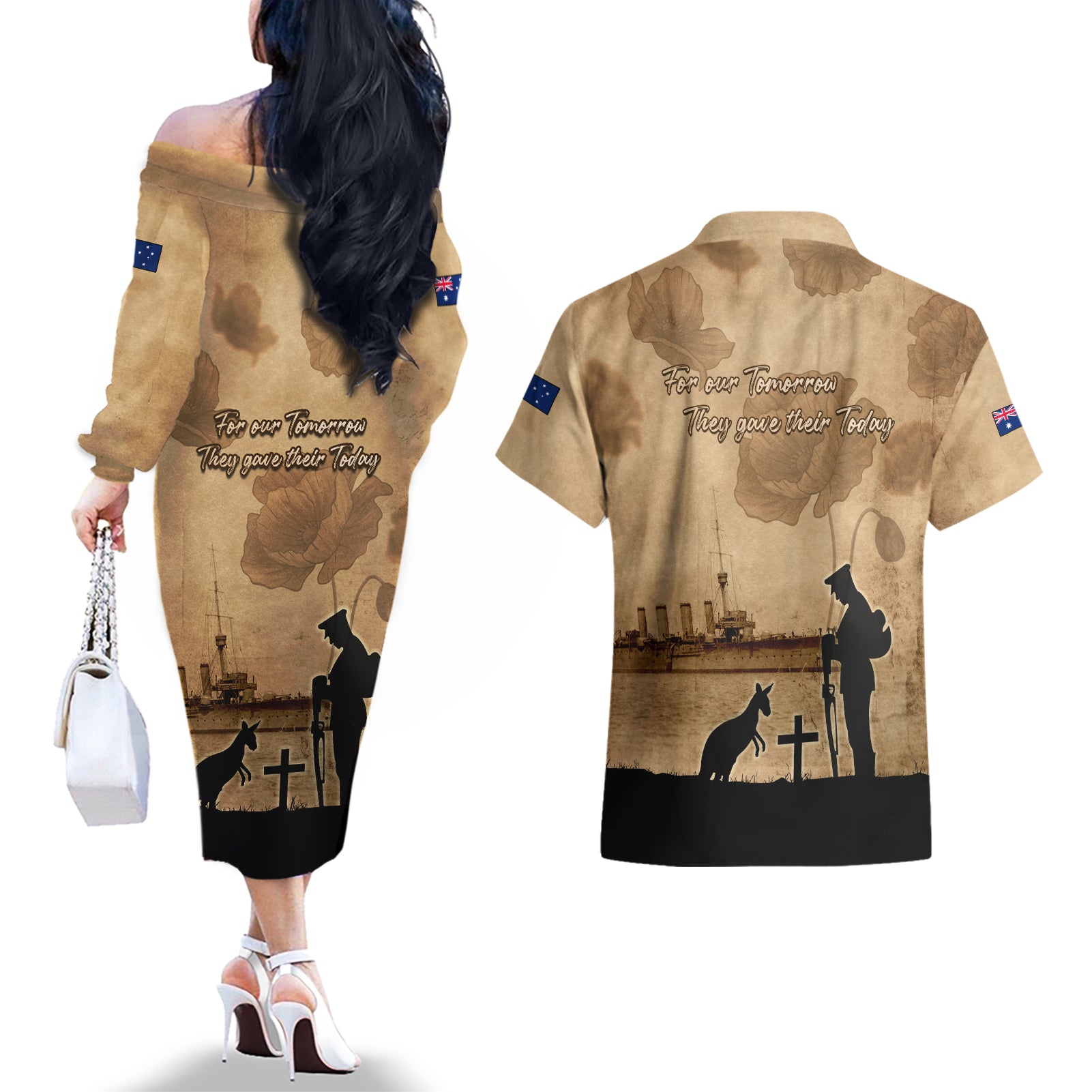 Australia ANZAC Day Couples Matching Off The Shoulder Long Sleeve Dress and Hawaiian Shirt HMAS Sydney I Chatham-Class Light Cruiser